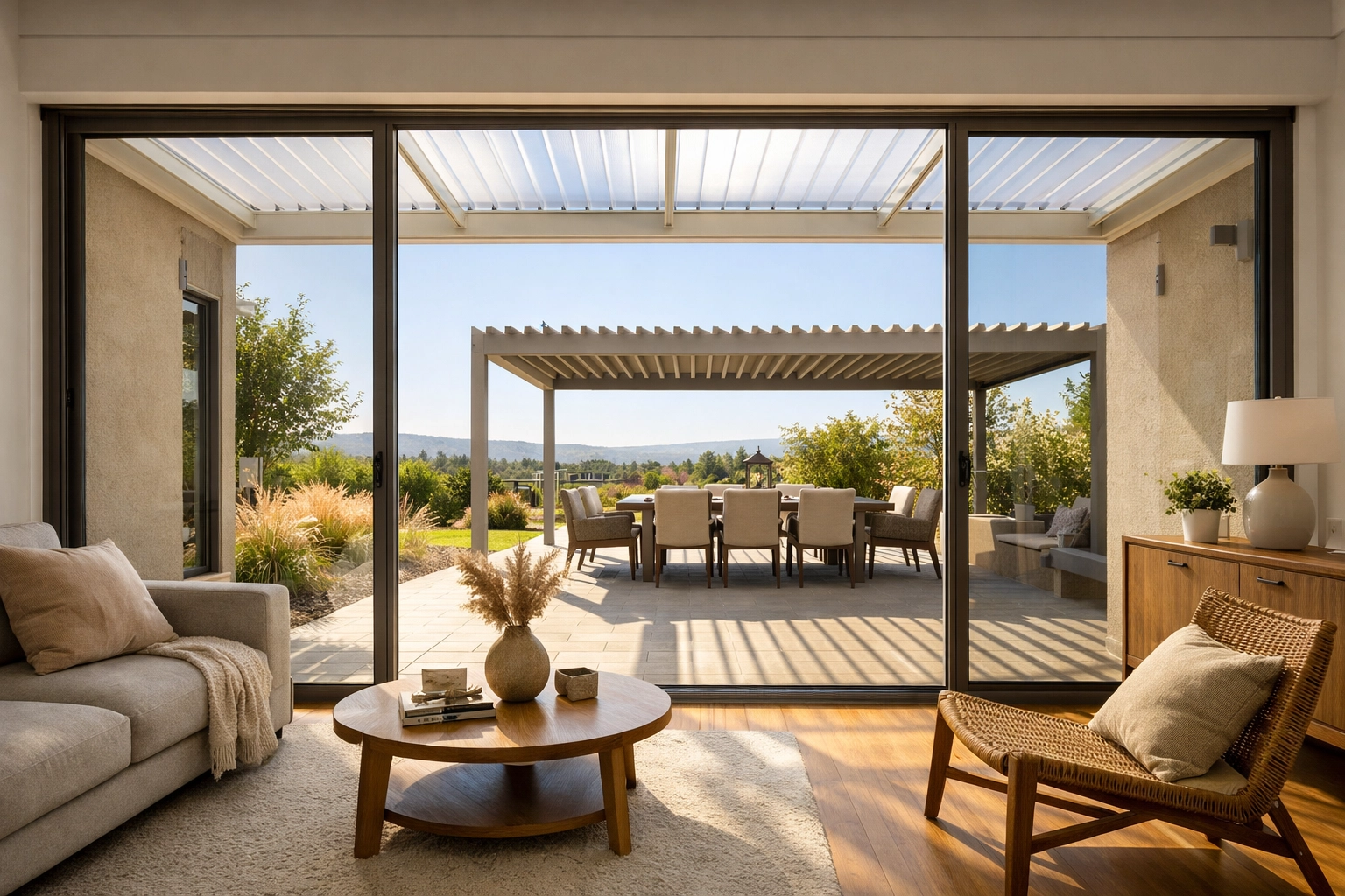 Natural light filtering into a living room through a hybrid outdoor shading solution roof.