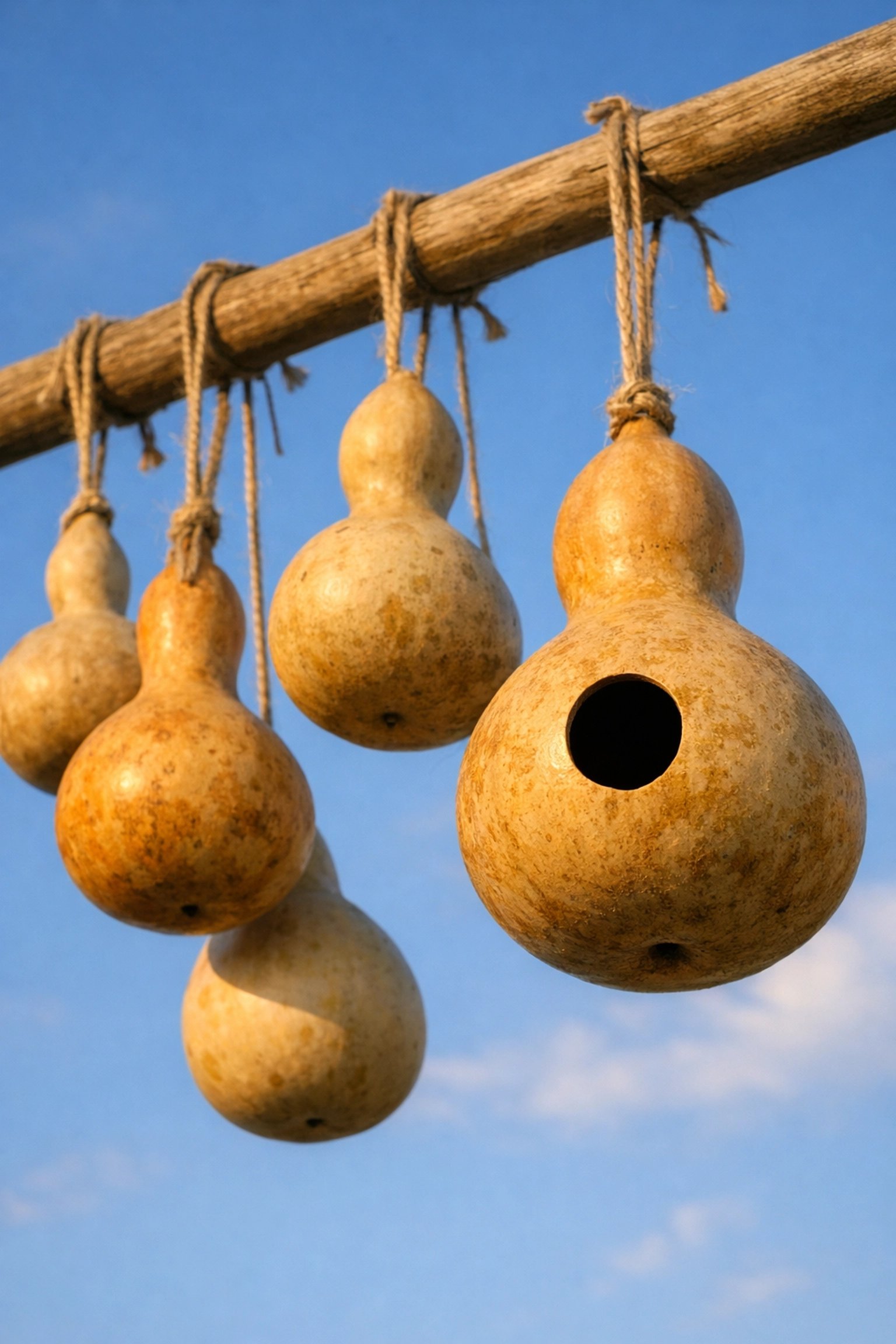 Dried gourds hanging as traditional Purple Martin nesting houses