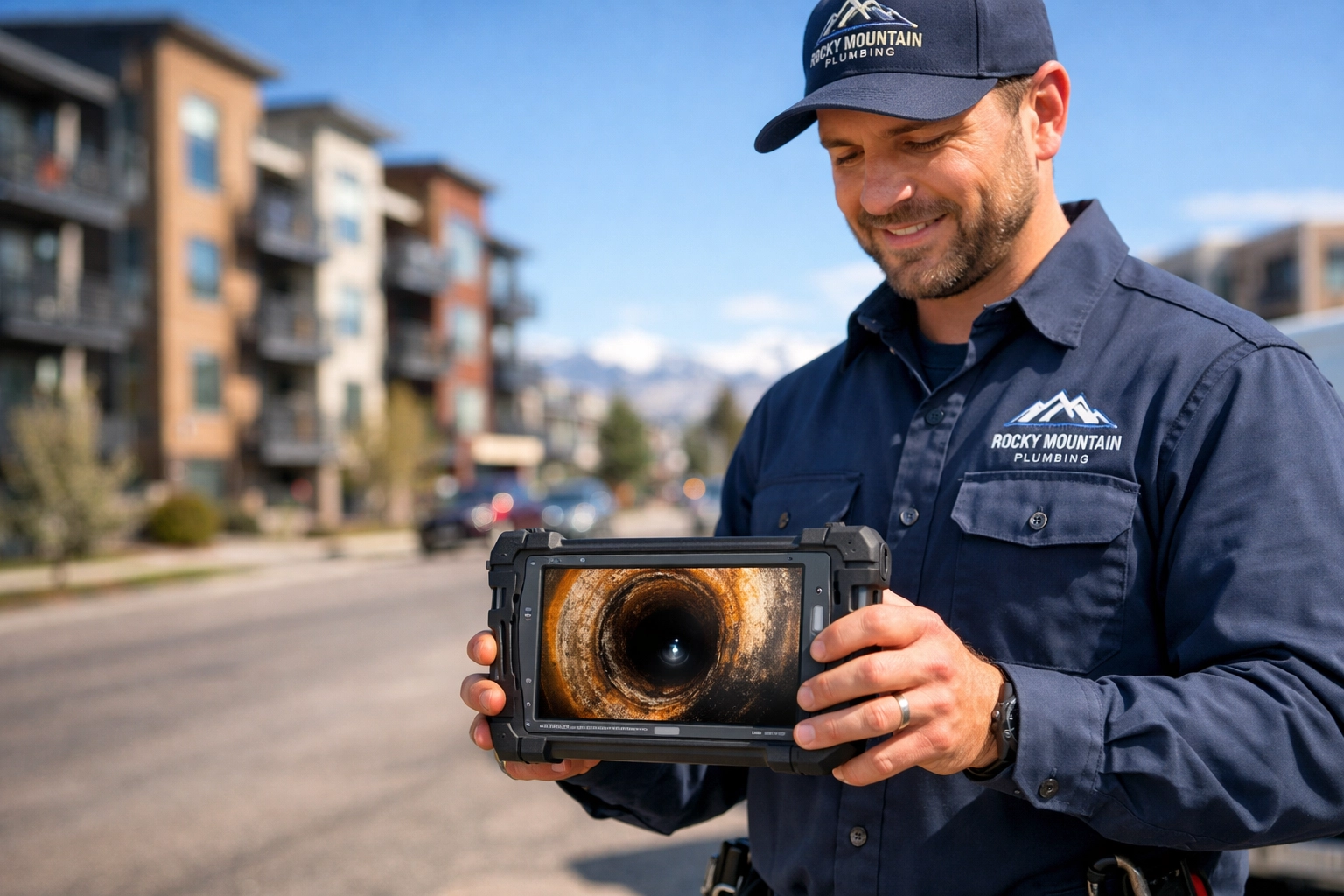 A Denver sewer technician viewing real-time video inspection footage on a tablet at an apartment complex.