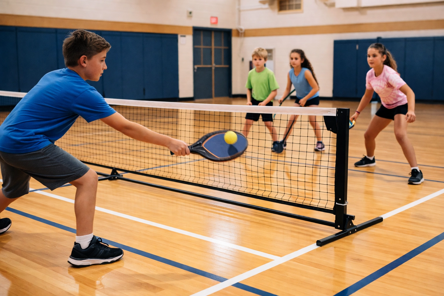Dynamic youth playing pickleball indoors, showcasing the sport’s excitement and easy learning for kids