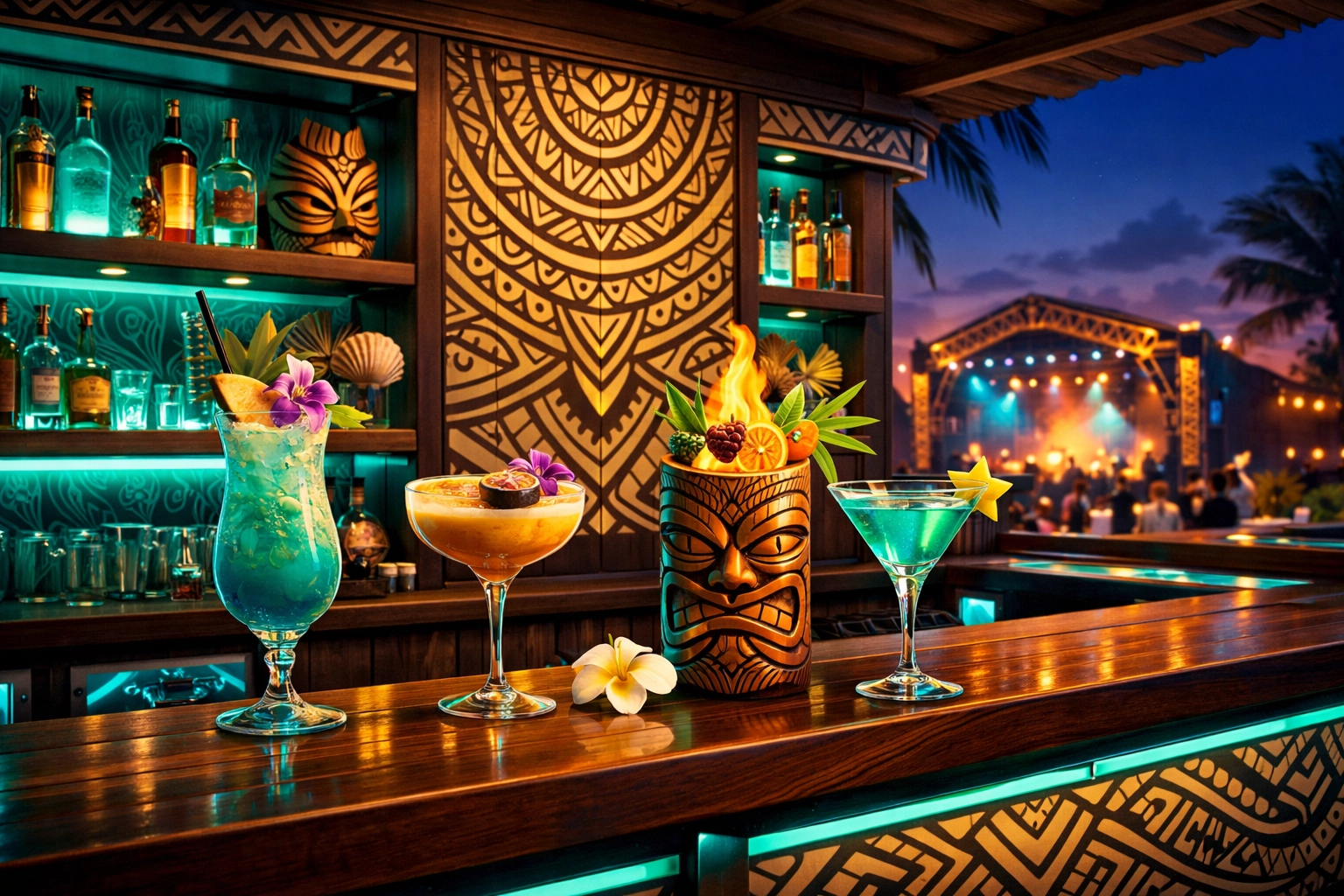 Exclusive Talofa Fest VIP bar featuring tropical cocktails and modern Polynesian decor.