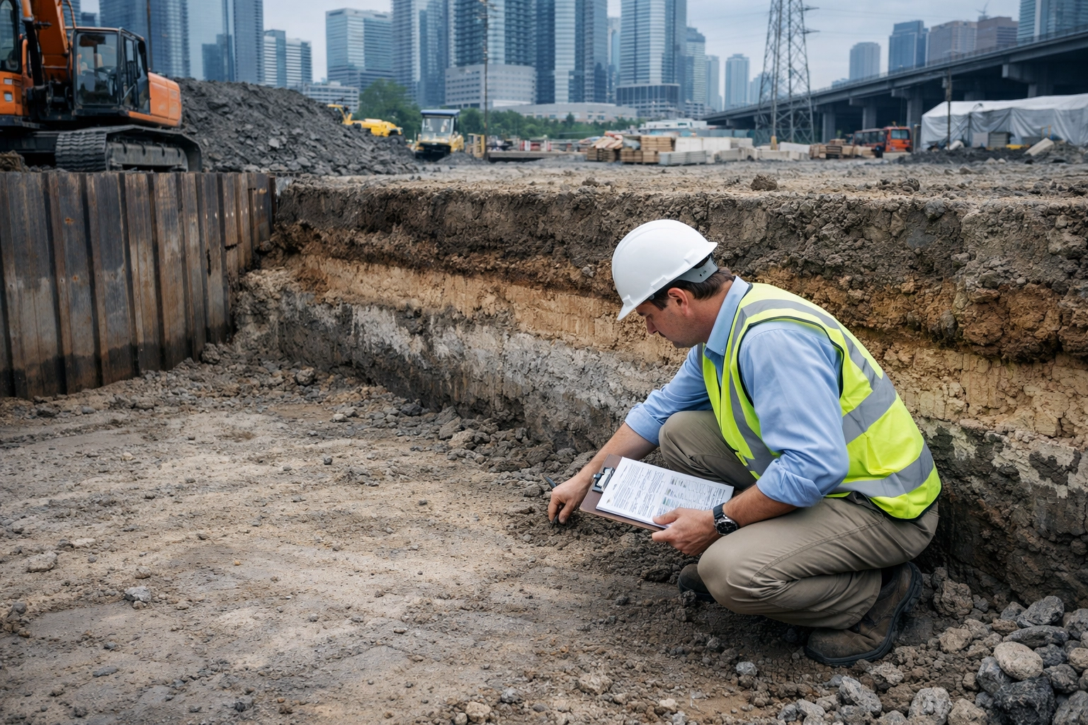 Foundation excavation with exposed soil layers and geotechnical inspection in NJ.