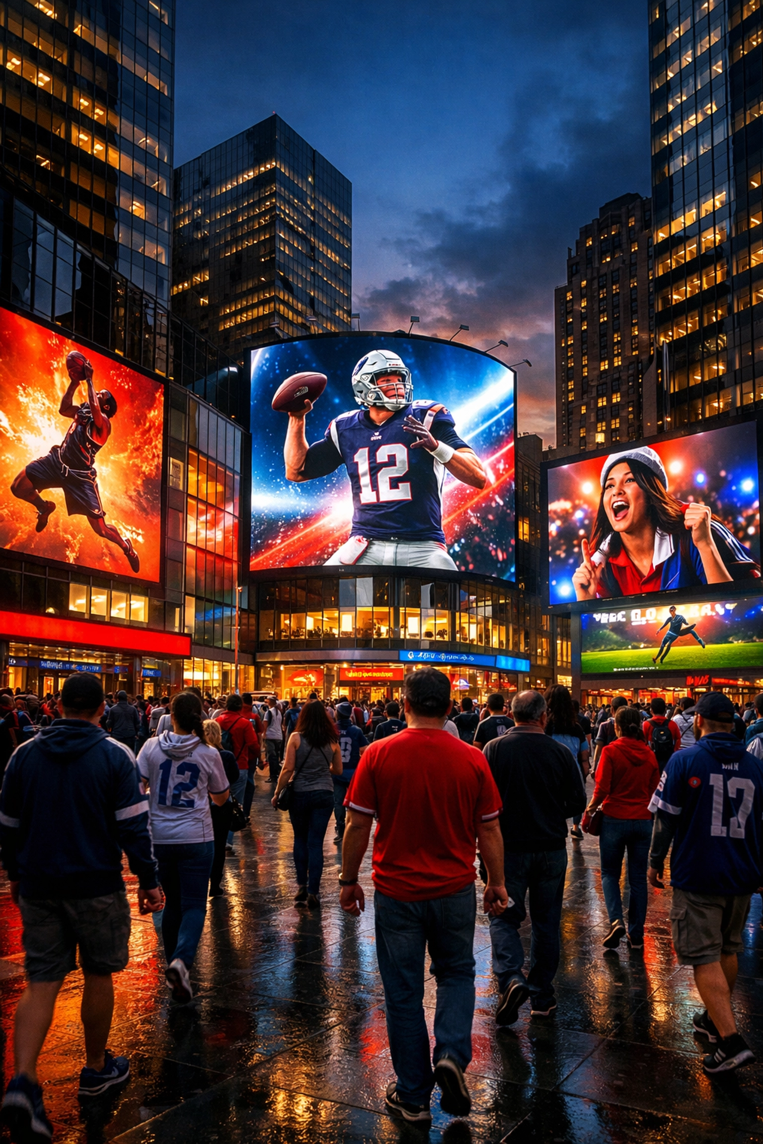 Large digital billboards in a busy city square showing OOH advertising to crowds of sports fans at dusk.