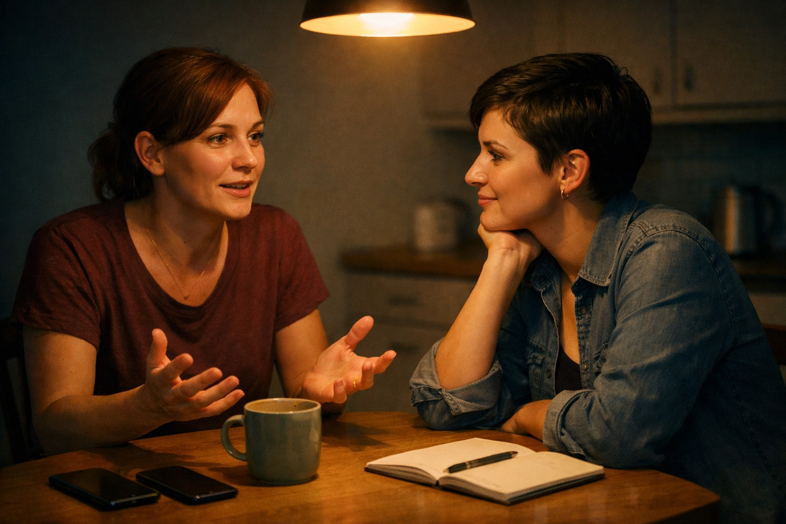 A queer couple practicing mindful communication and listening without digital distractions.