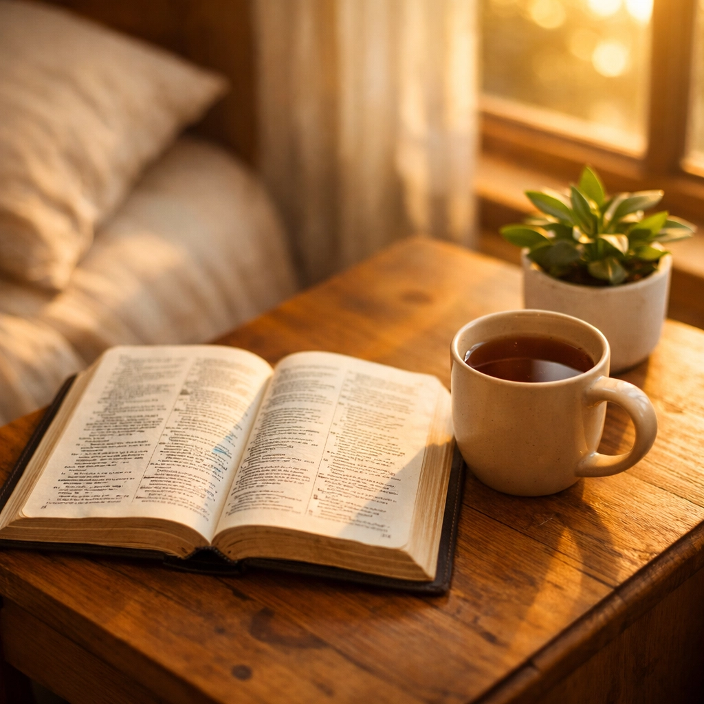 Open Bible on bedside table with tea creating peaceful evening routine