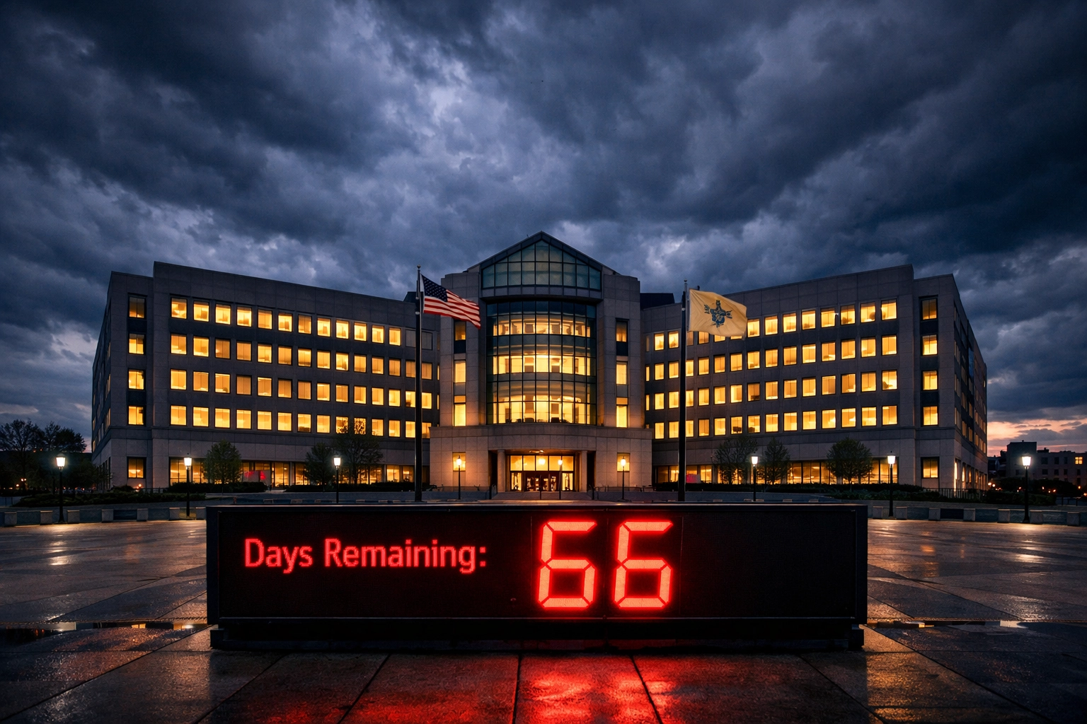 NJ government building at dusk with countdown timer showing regulatory compliance deadline pressure