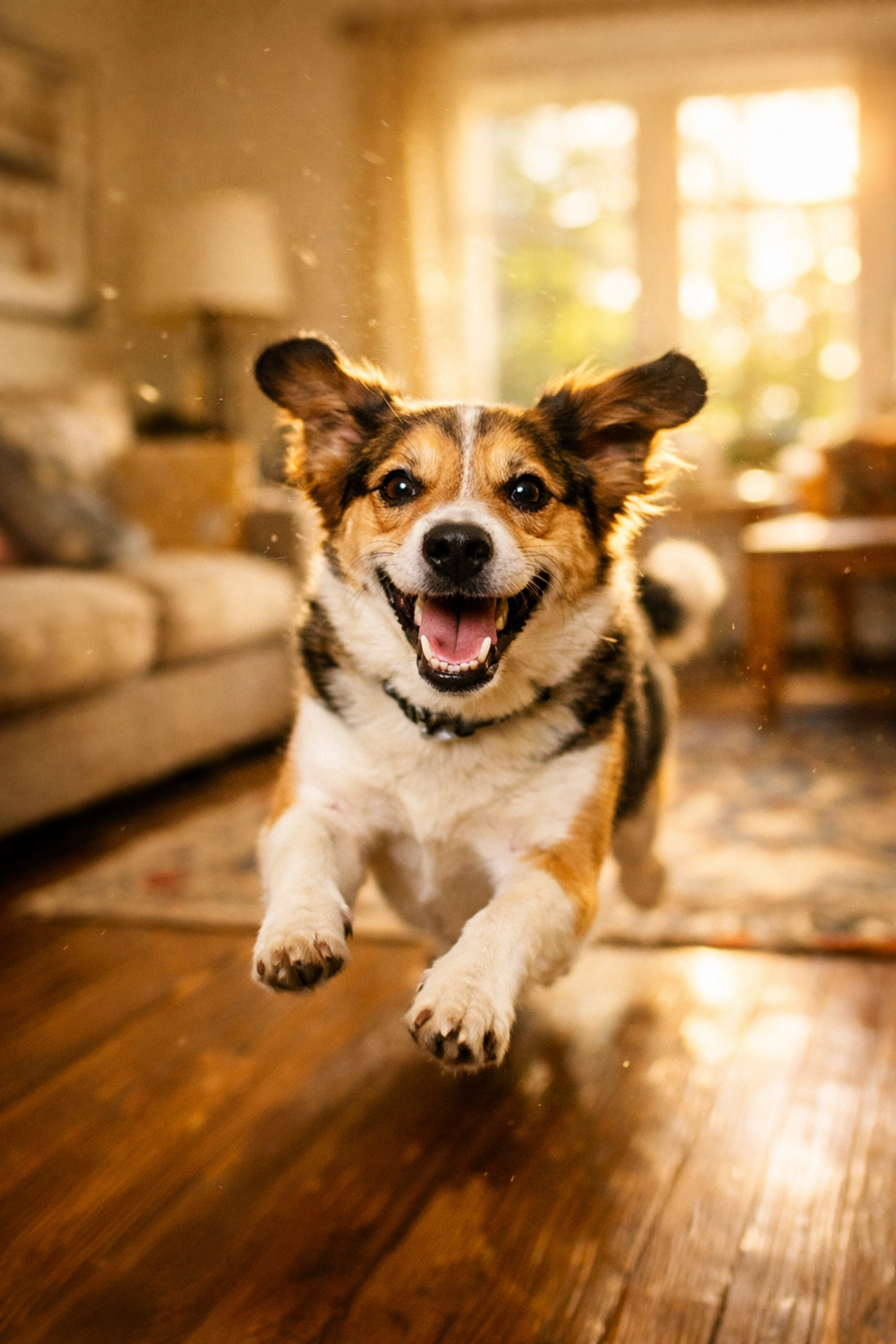 Happy foster dog running zoomies in living room showing personality transformation
