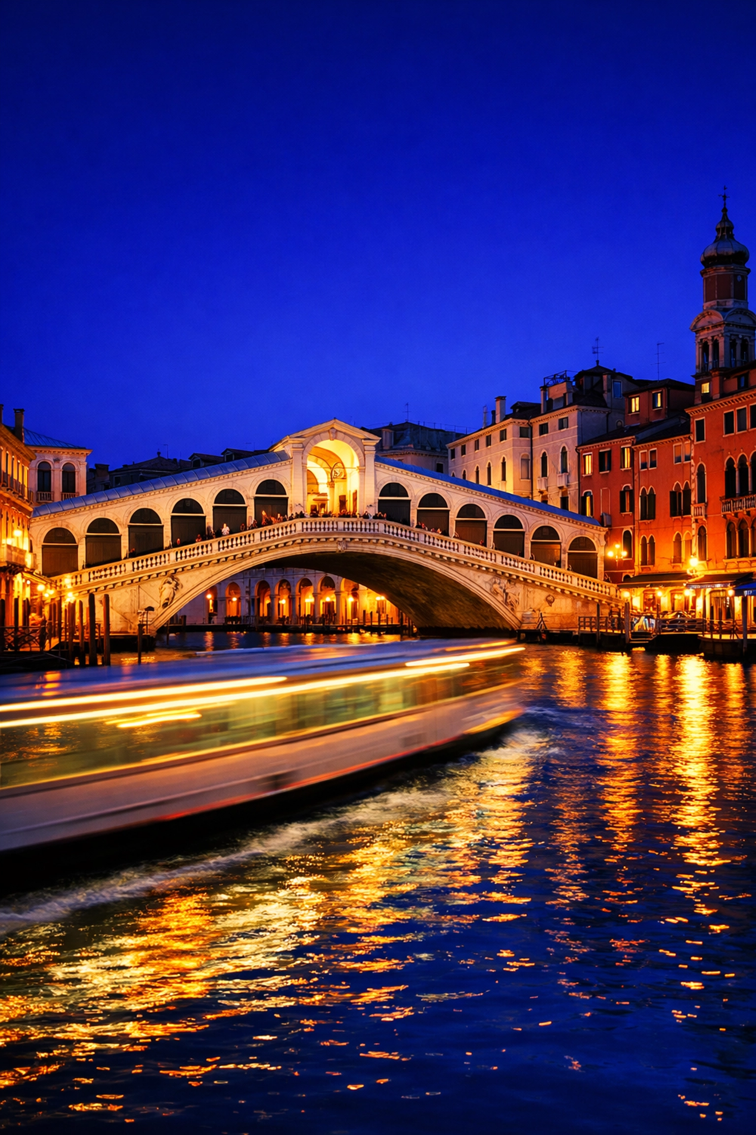 The Rialto Bridge at blue hour, a top instagrammable place in Venice for stunning night canal photography.