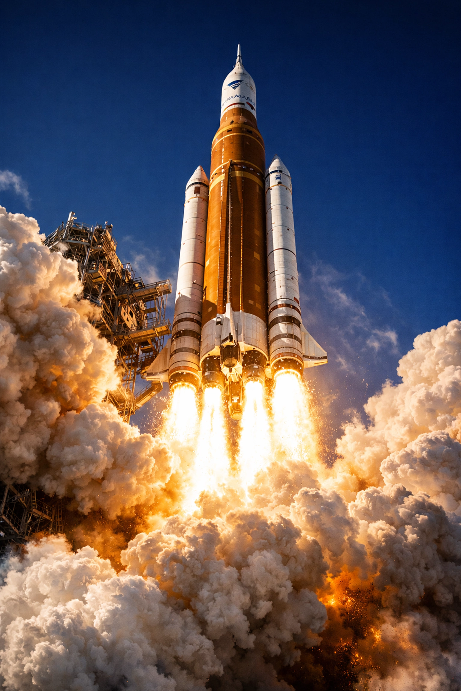 NASA's SLS rocket for the Artemis II launch ascending into a blue sky with massive pillars of fire and white smoke.