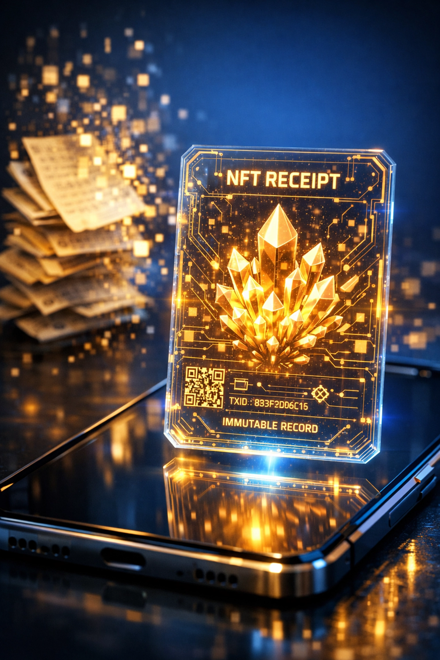 Digital NFT receipt for crypto payments replacing traditional paper records on a smartphone screen.