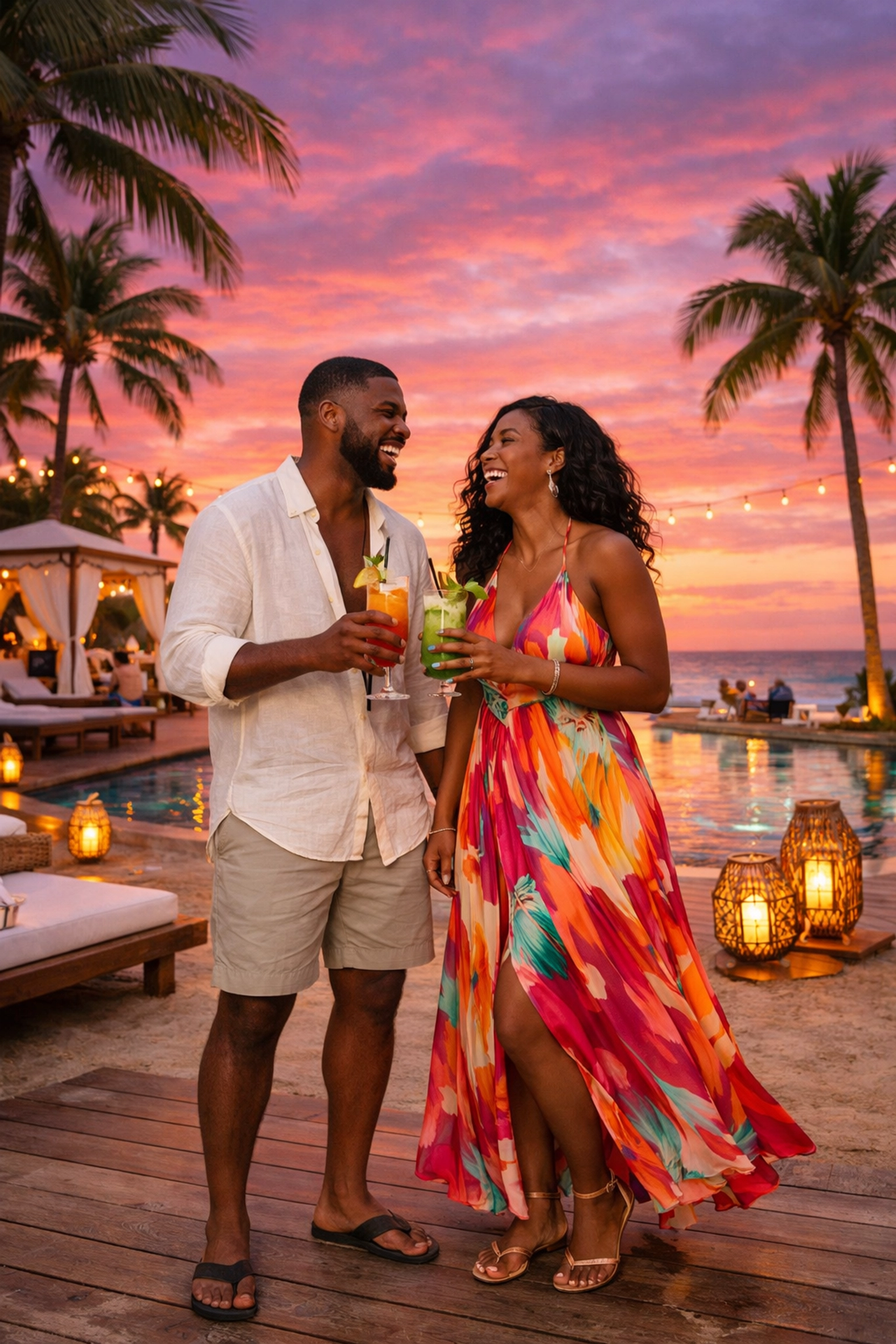 Black couple with cocktails at a luxury tropical lifestyle resort beach club sunset.