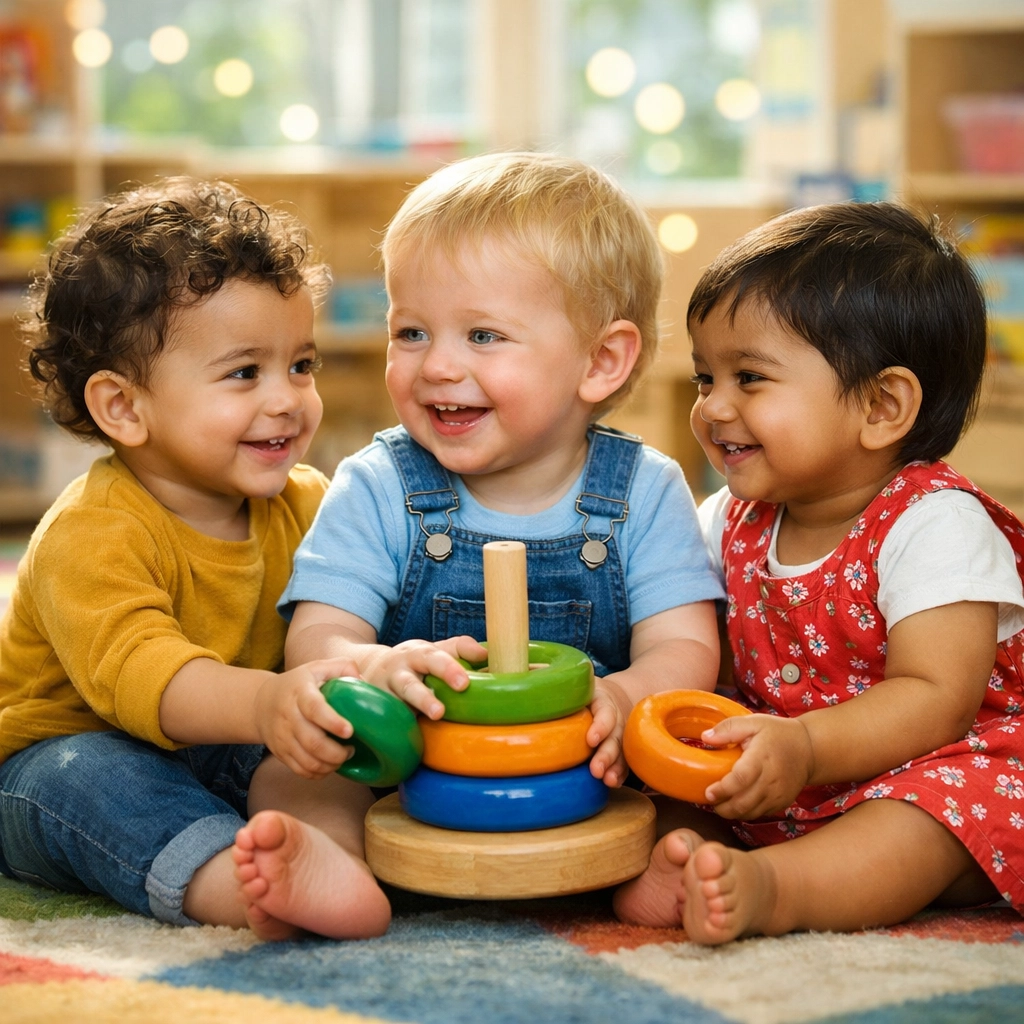 Diverse toddlers playing together on a rug at Rainbow Hut Early Learning Centre Liverpool