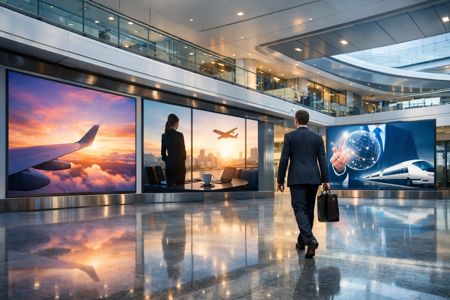 Business traveler in a modern transit hub with premium digital media displays for global sponsorship reach.