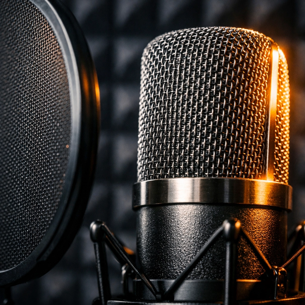 A close-up of a professional studio condenser microphone symbolizing high-quality YouTube production standards.