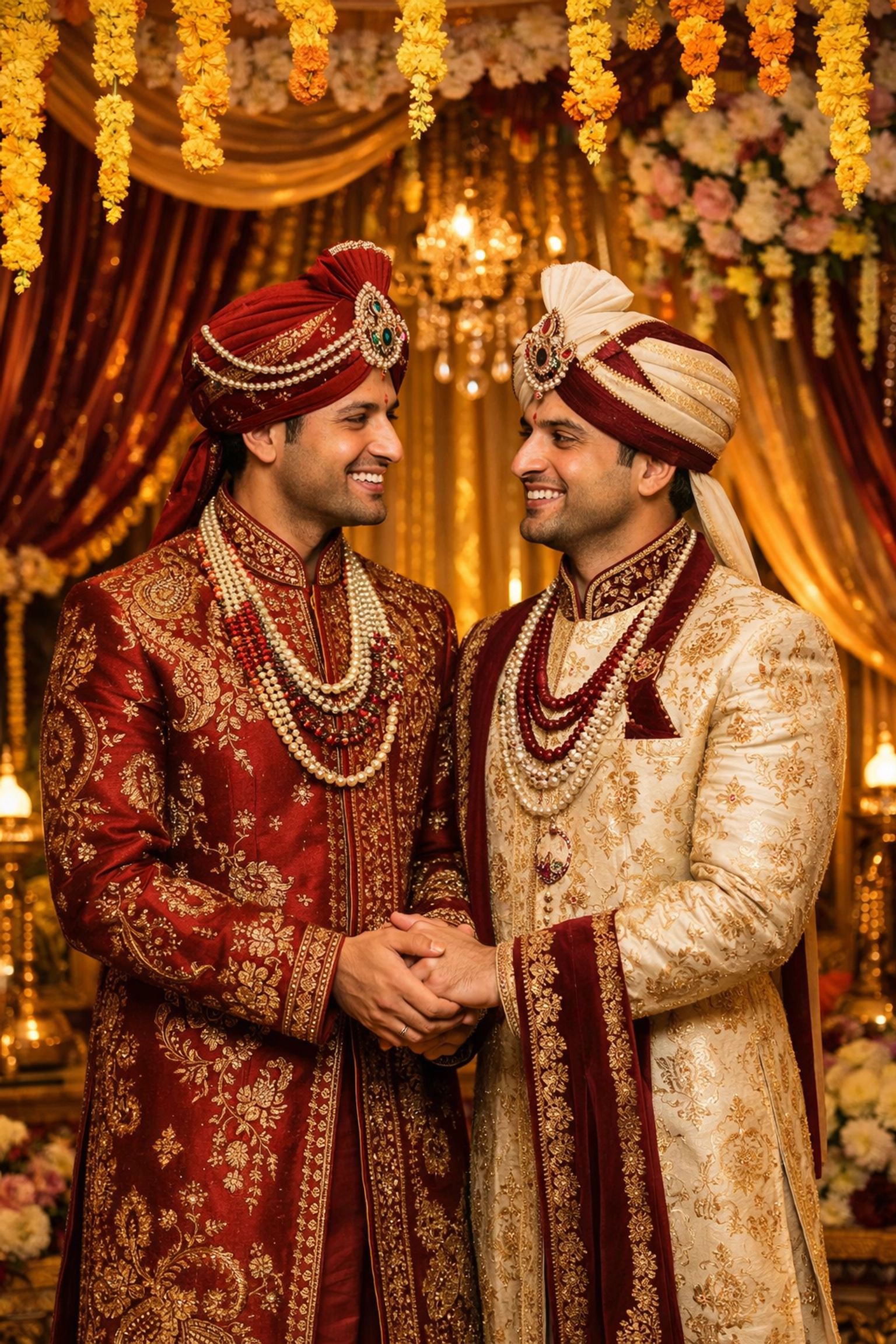 Two grooms in traditional red and ivory sherwanis at gay Indian wedding Mandap with marigold flowers