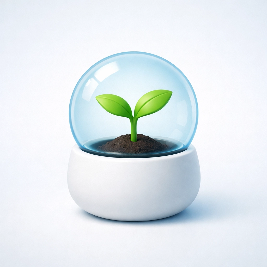 A green sprout in a protective glass dome representing non-dilutive capital and business equity protection.
