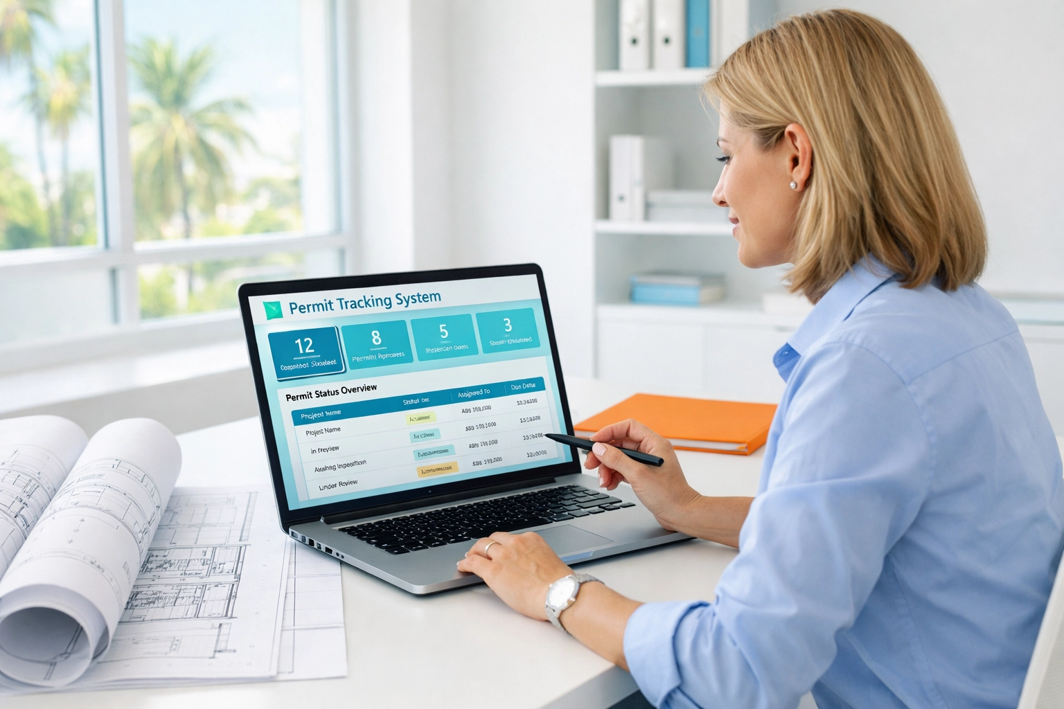 Florida permit expediting specialist reviewing digital application and blueprints for 2026 construction requirements.