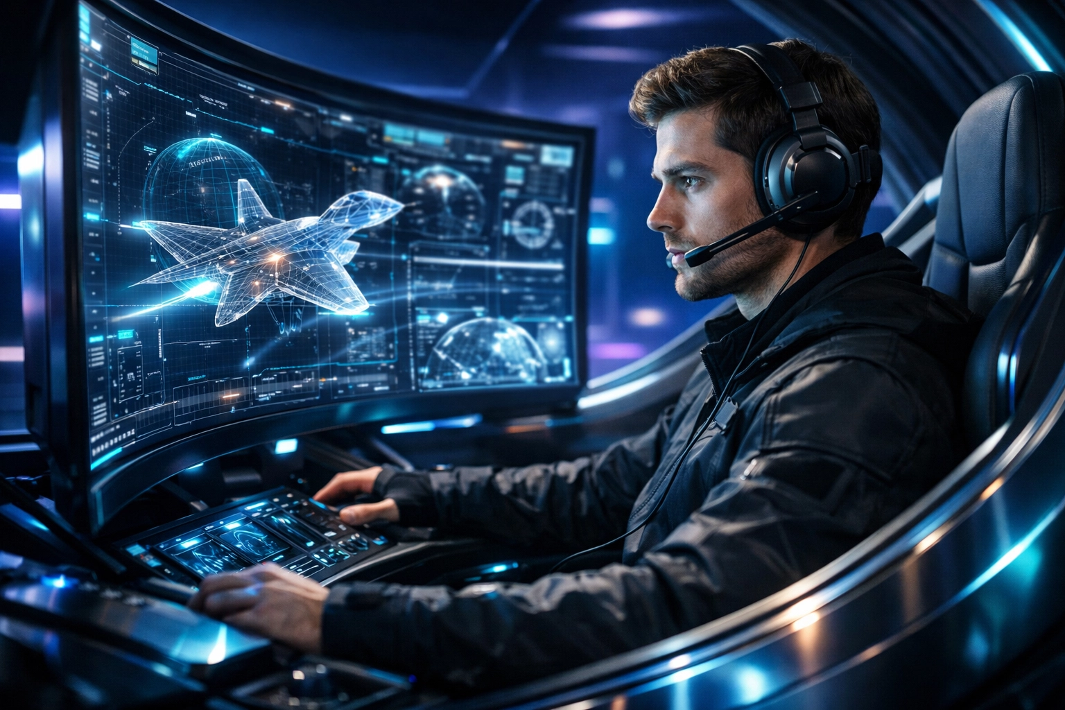 Young professional using an EsportsPod simulation for high-tech workforce development and career training.