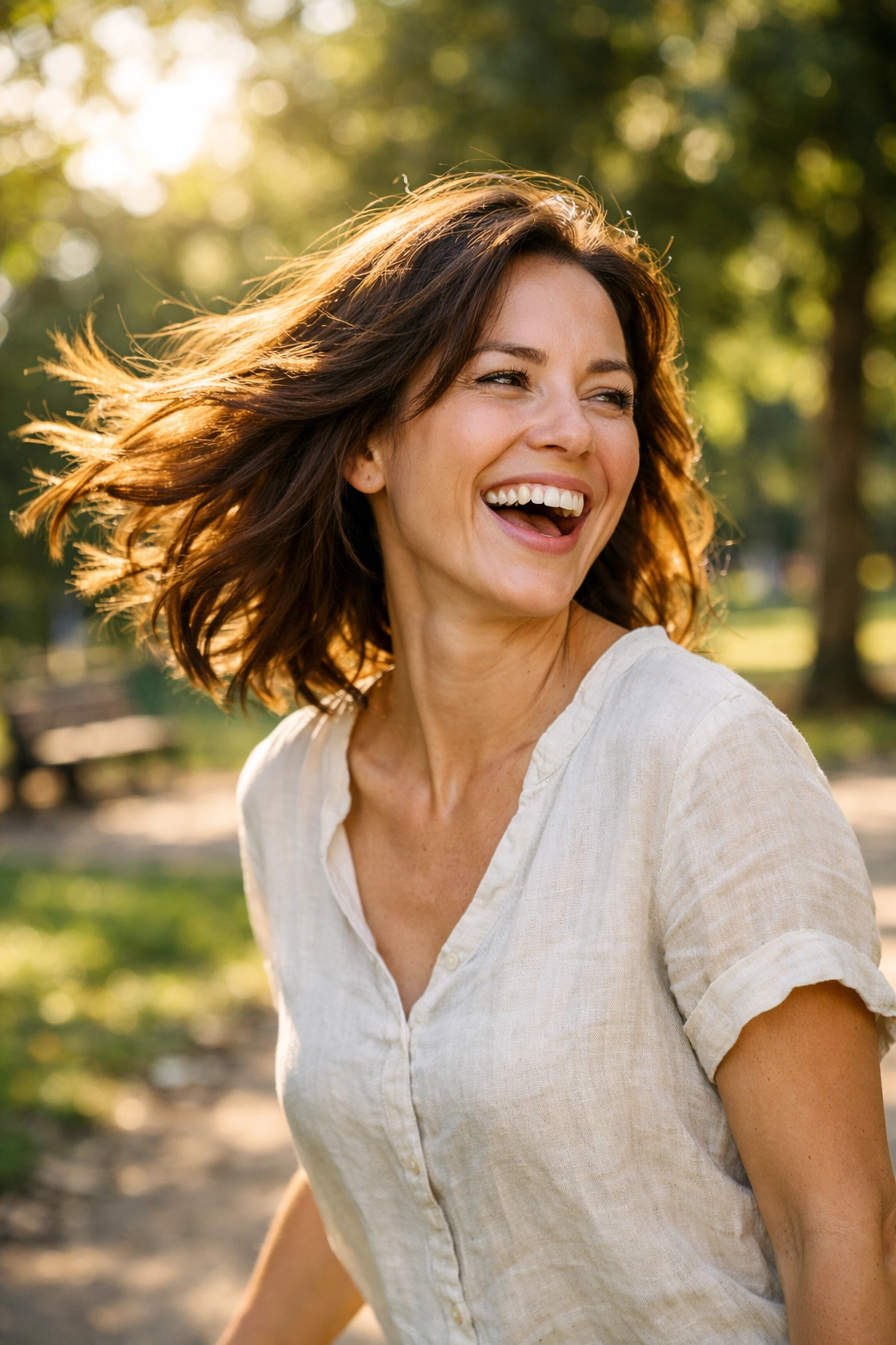 A candid portrait of a woman laughing in a park, showing natural posing techniques and the rule of thirds.