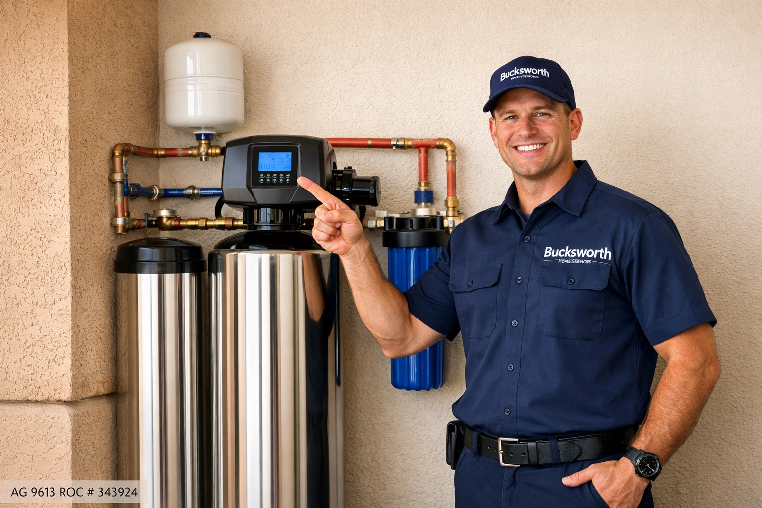 Bucksworth Home Services plumber in Tonopah AZ showcasing a whole-home water filtration system.