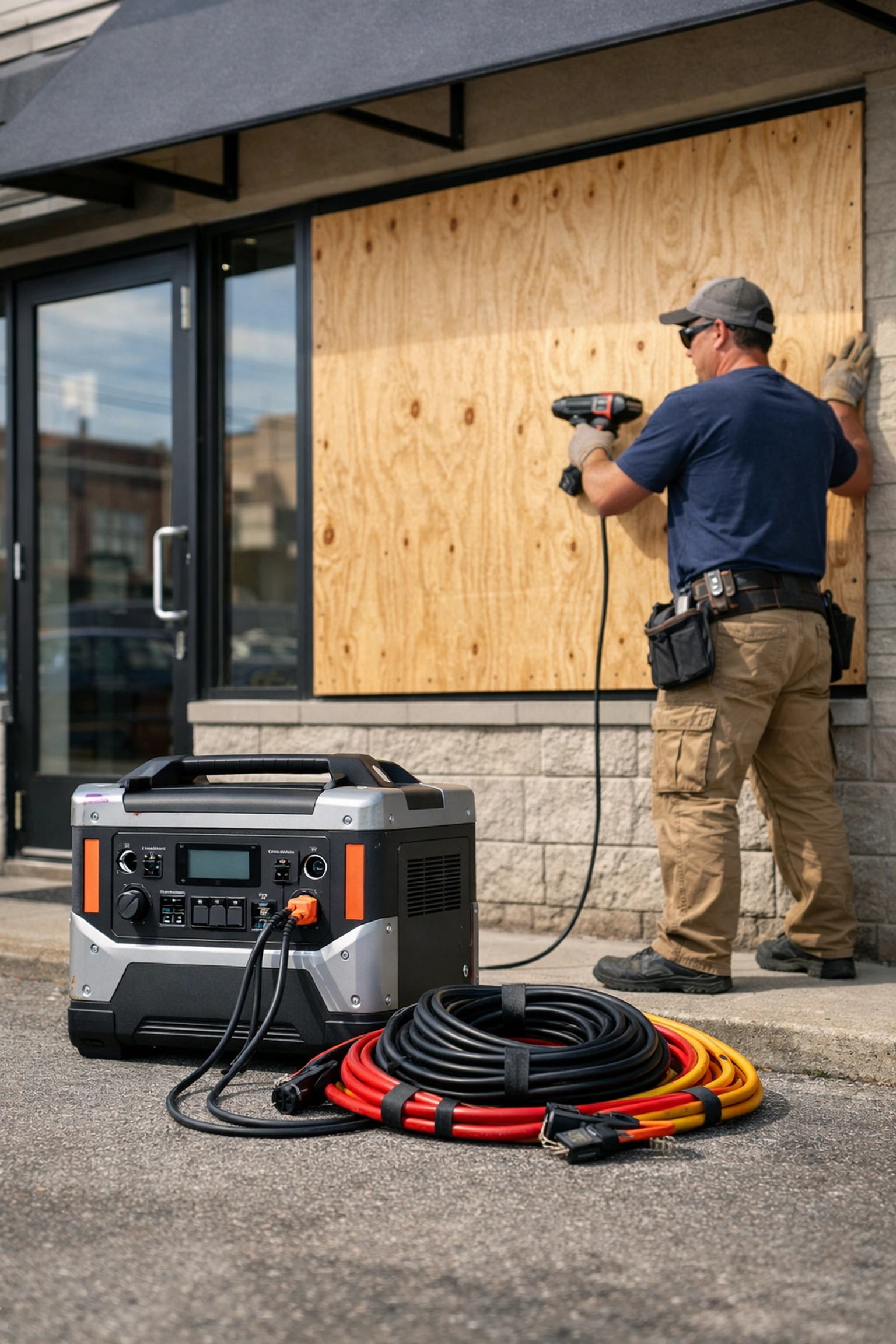 Commercial property recovery efforts including building repairs and emergency power generators.