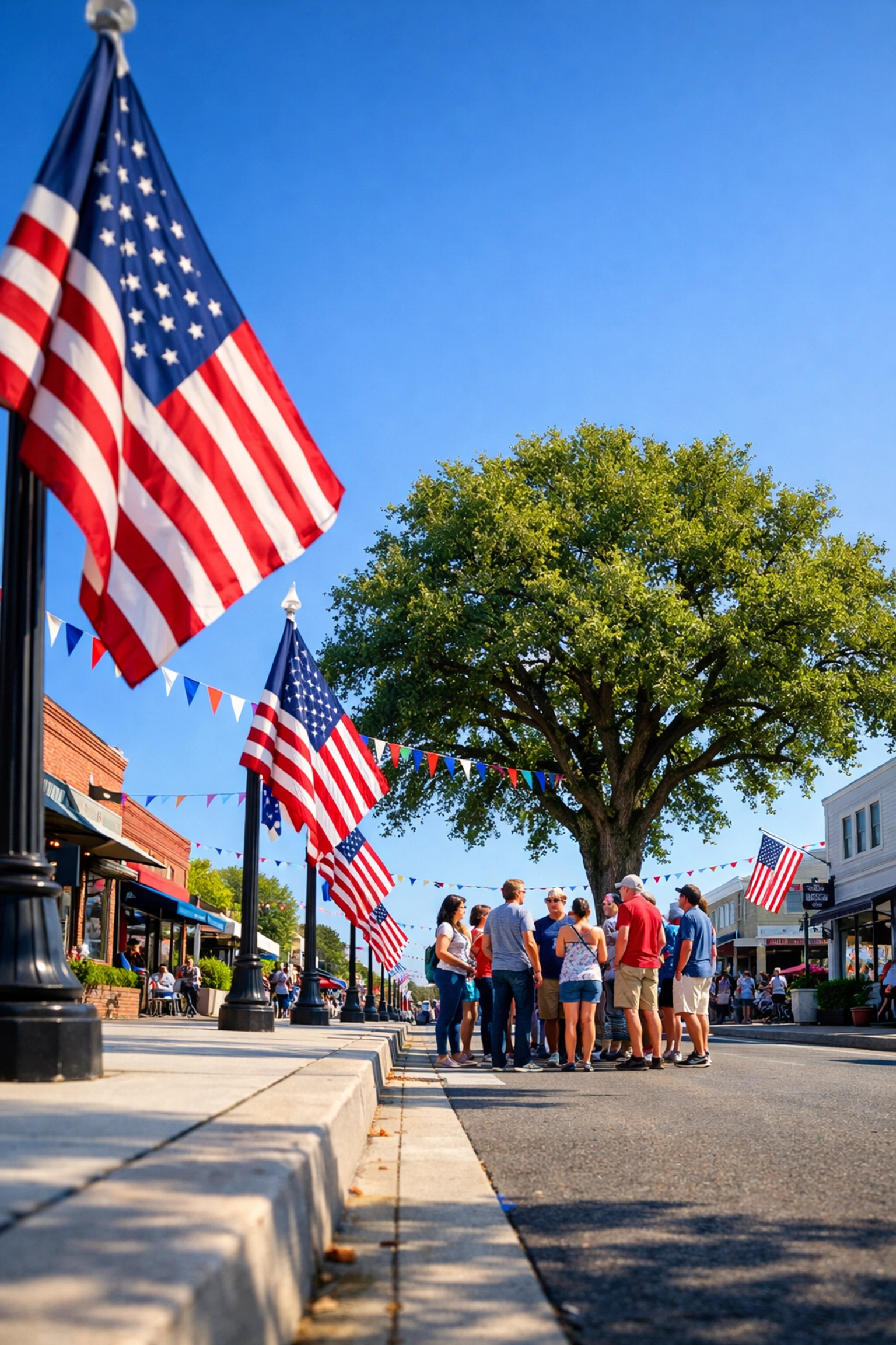 Small-town main street decorated with American flags representing a unified and patriotic community.