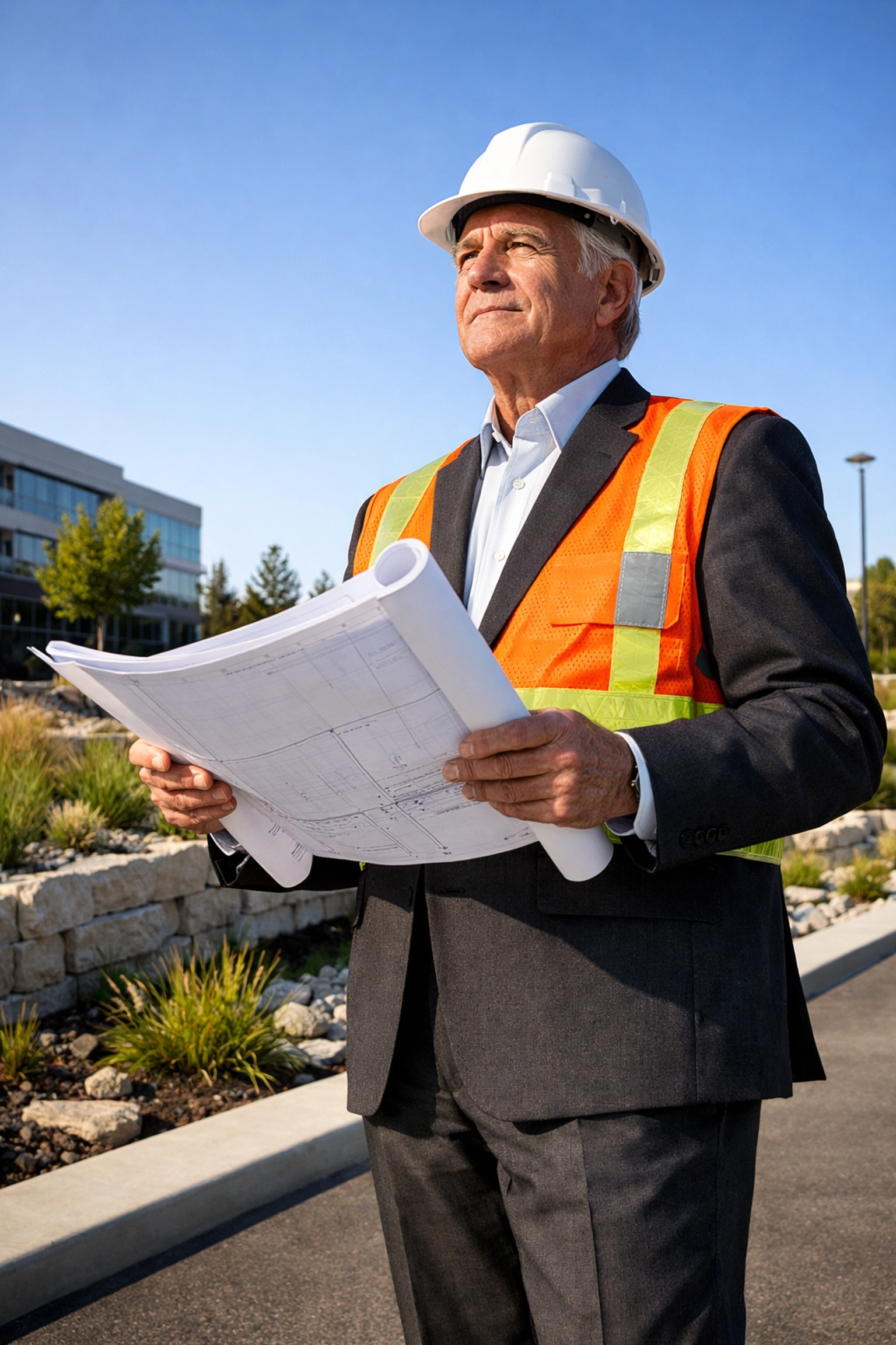 Professional engineer reviewing site plans at a project site featuring a completed stormwater management system.