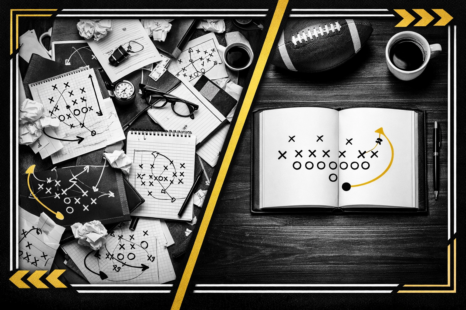 Cluttered playbook versus focused strategy showing how taking the next step requires clarity in leadership