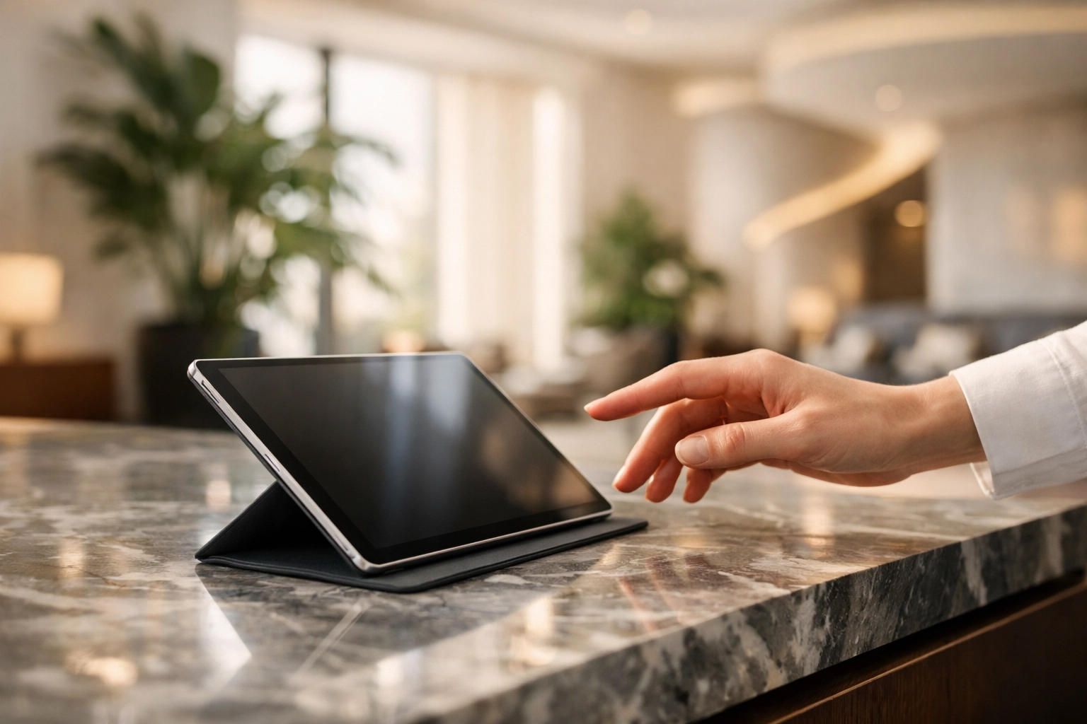Sleek hotel tablet interface on a marble reception desk demonstrating automated hotel management software.