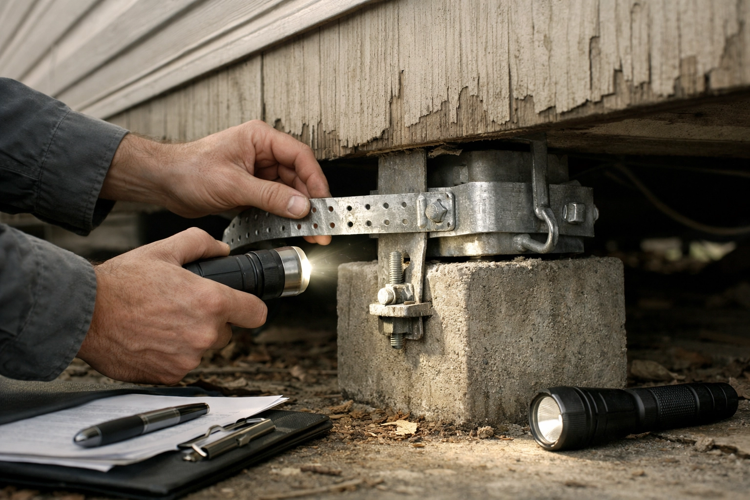 Professional inspector examining manufactured home foundation and tie-down system