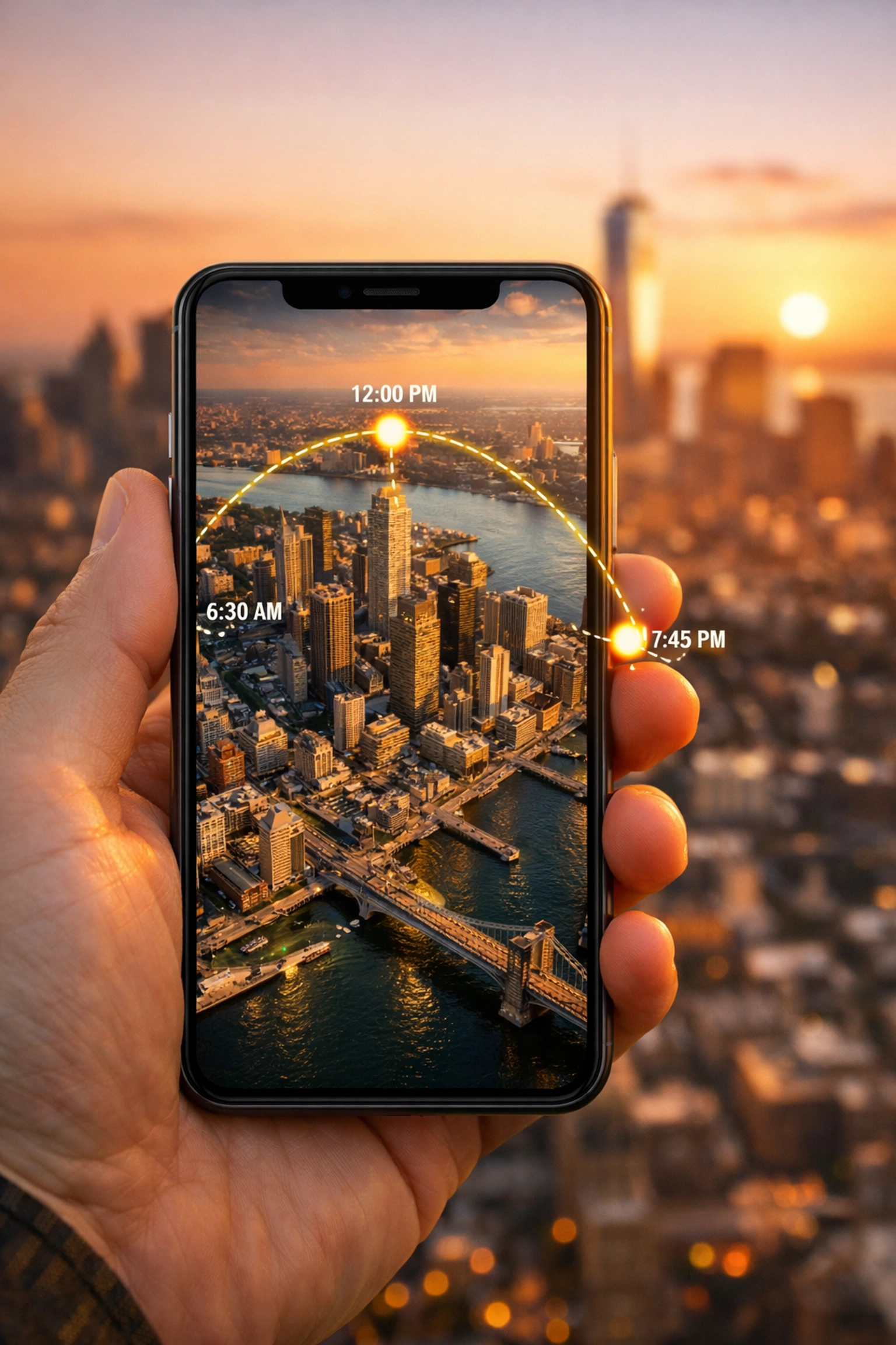 Using a smartphone app to scout the best photography locations and city views during golden hour.