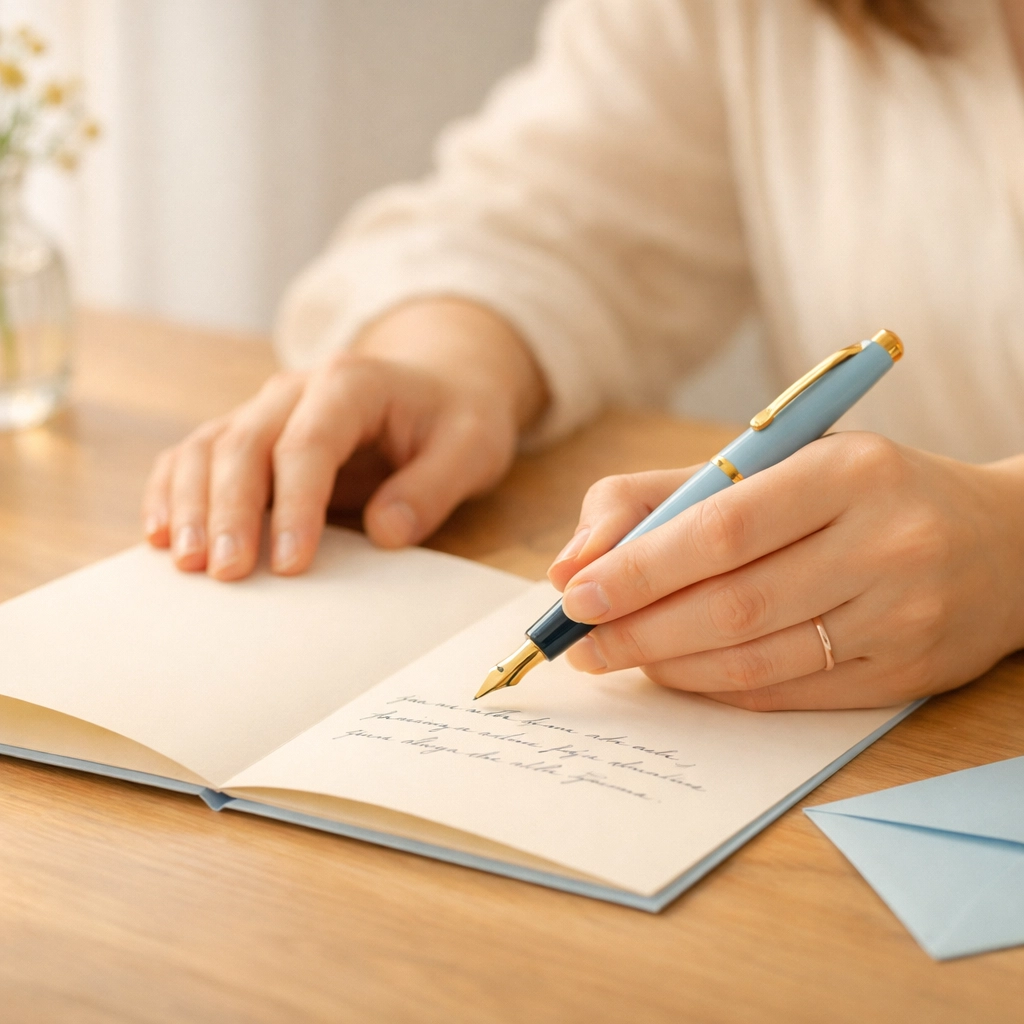 Hands writing in a card on a wooden table by a window with natural light