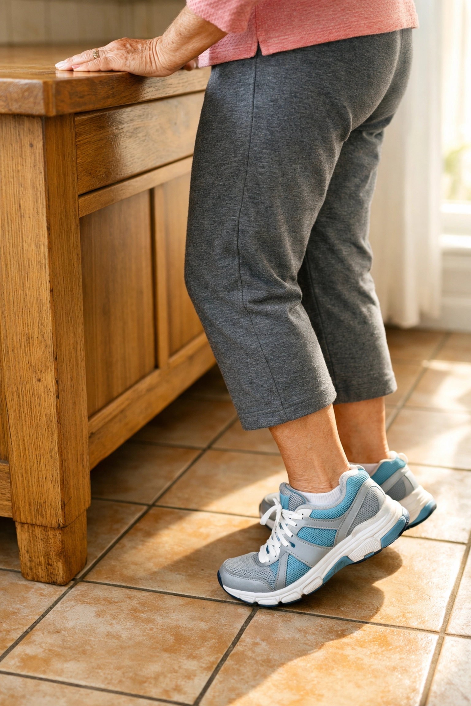 Senior performing heel-toe raise exercise for ankle strength and balance