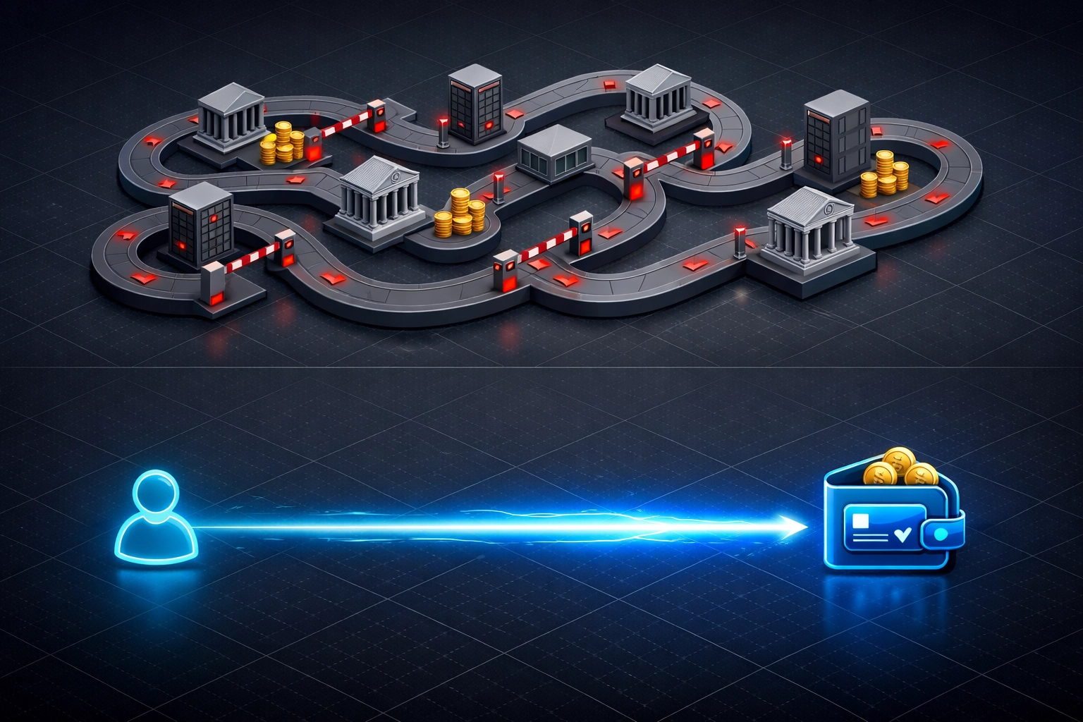 Complex traditional payment processing path versus direct self-custody merchant account cryptocurrency flow