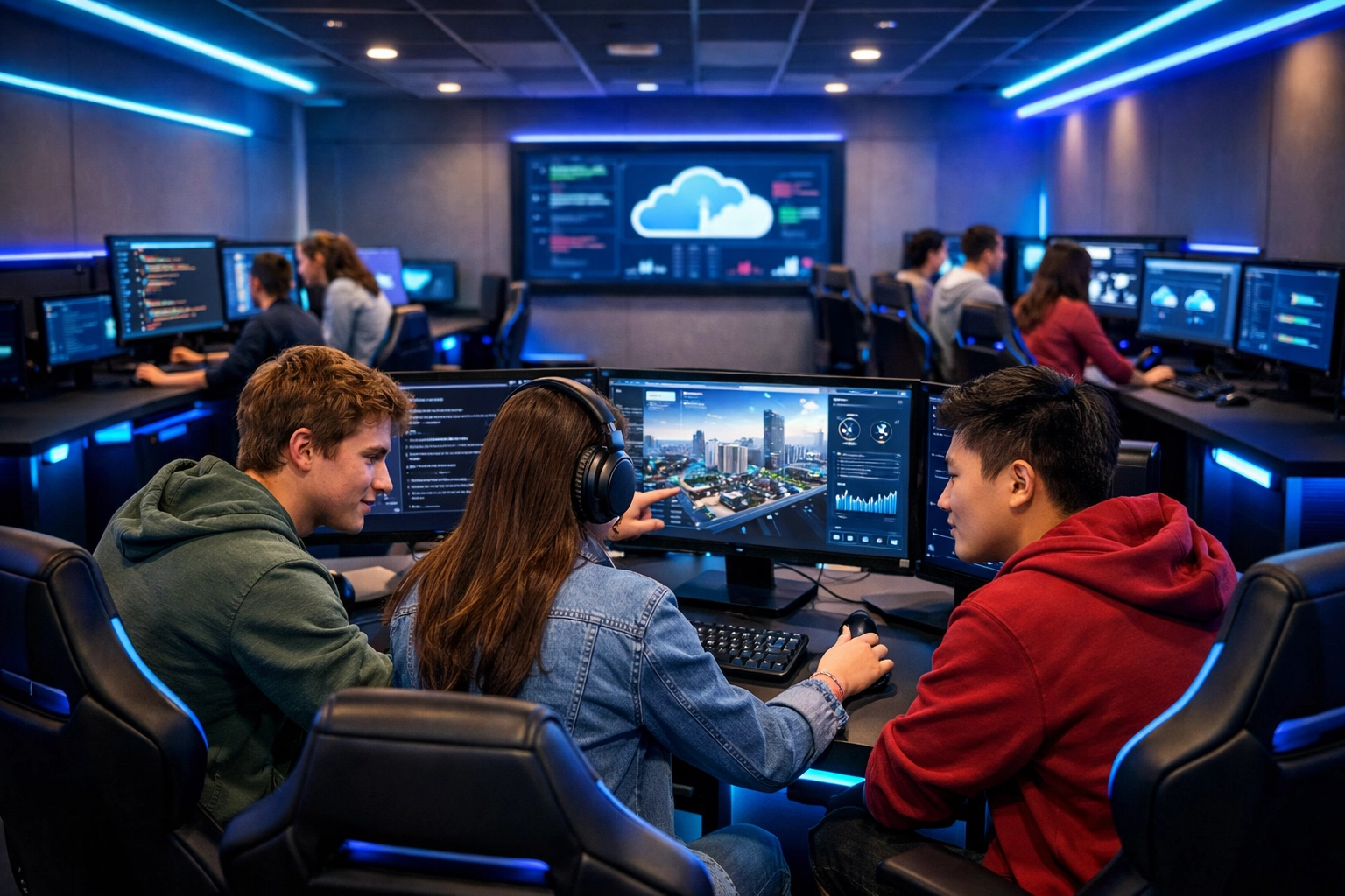 High school students using EsportsPod gaming stations in modern tech learning lab for workforce development