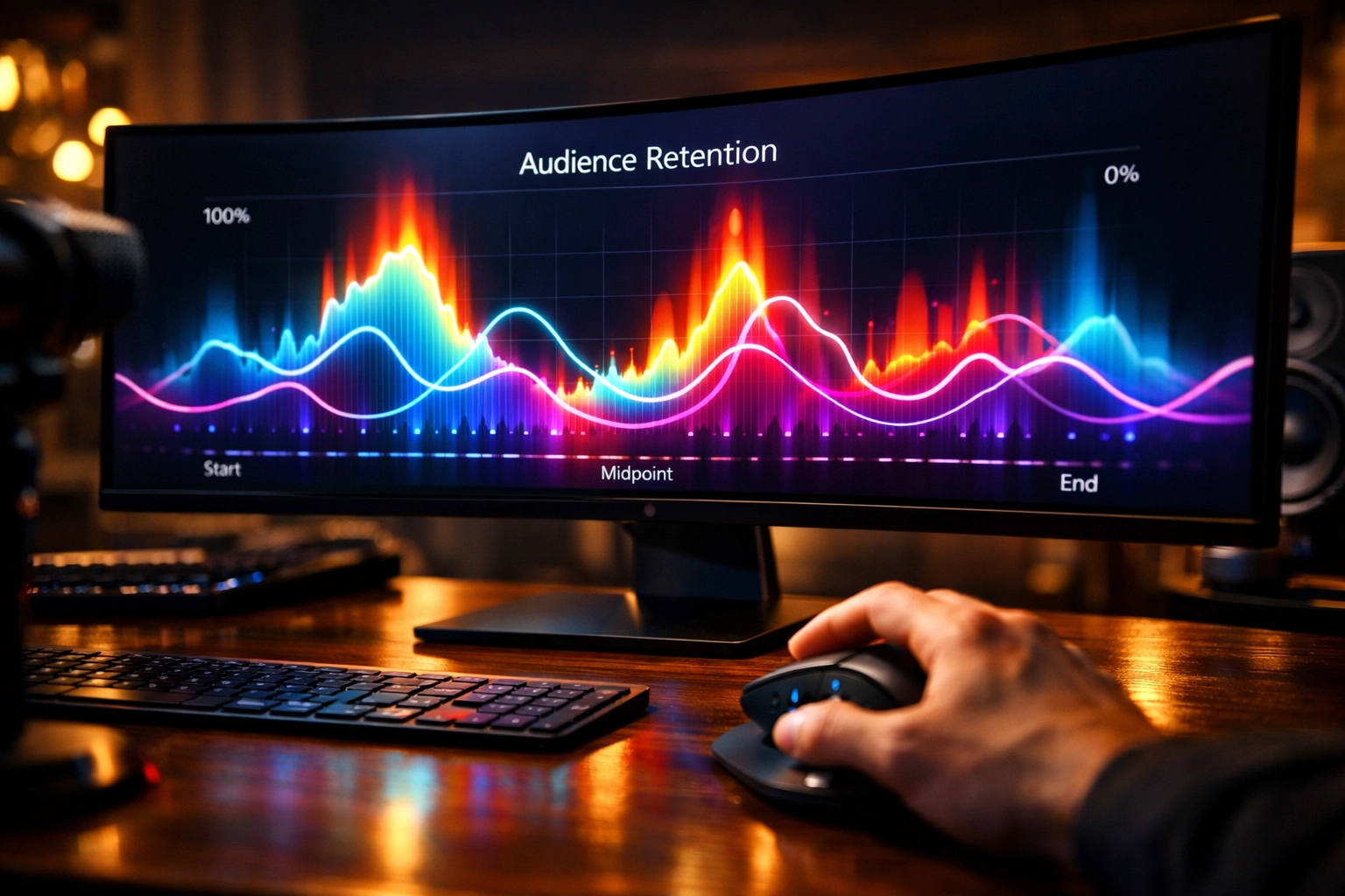 A computer screen showing YouTube audience retention graphs and heat maps for data-driven channel growth.