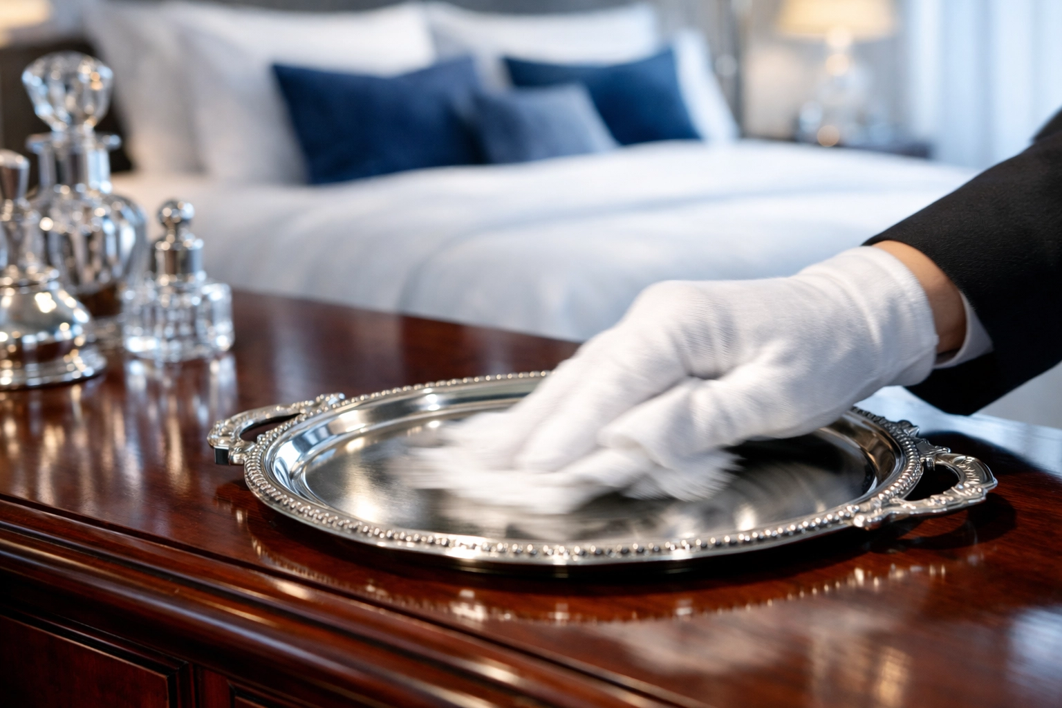 Professional hand polishing silver in a luxury bedroom, showcasing efficient residential cleaning Massachusetts.