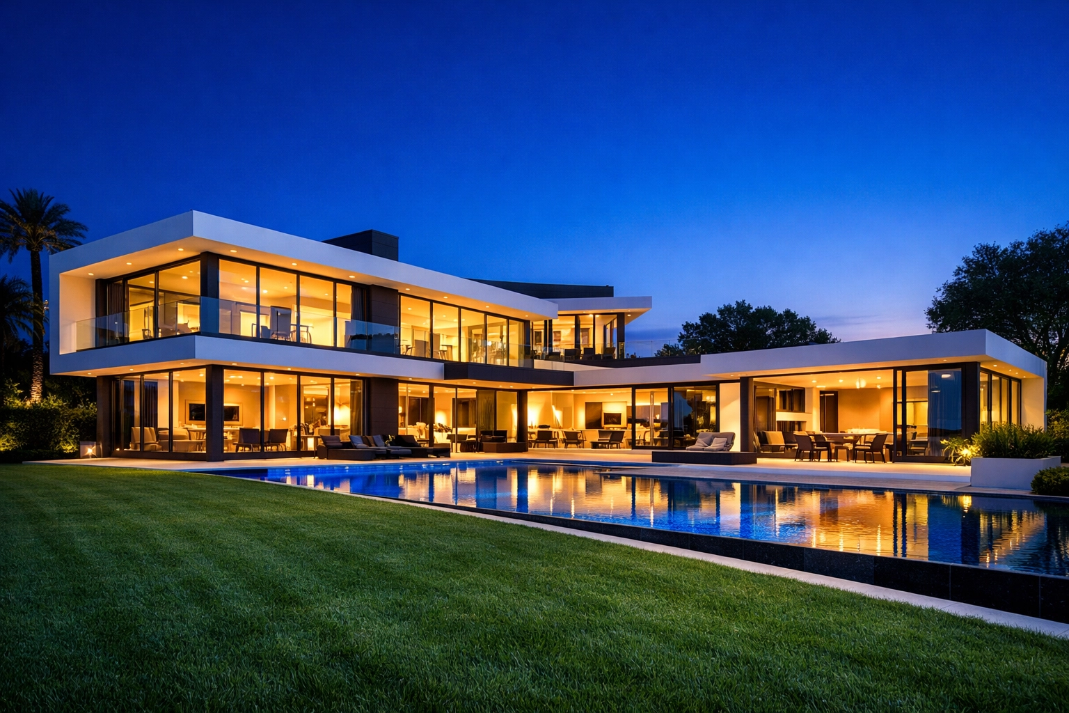 Sparkling clean windows on a luxury modern home at dusk highlighting superior curb appeal.