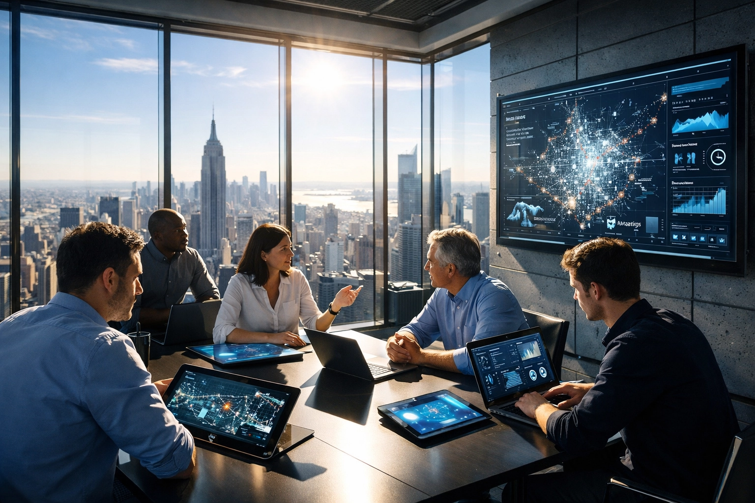 Business strategists analyzing real-time data in a high-tech office hub for Super Bowl 2026 consulting.