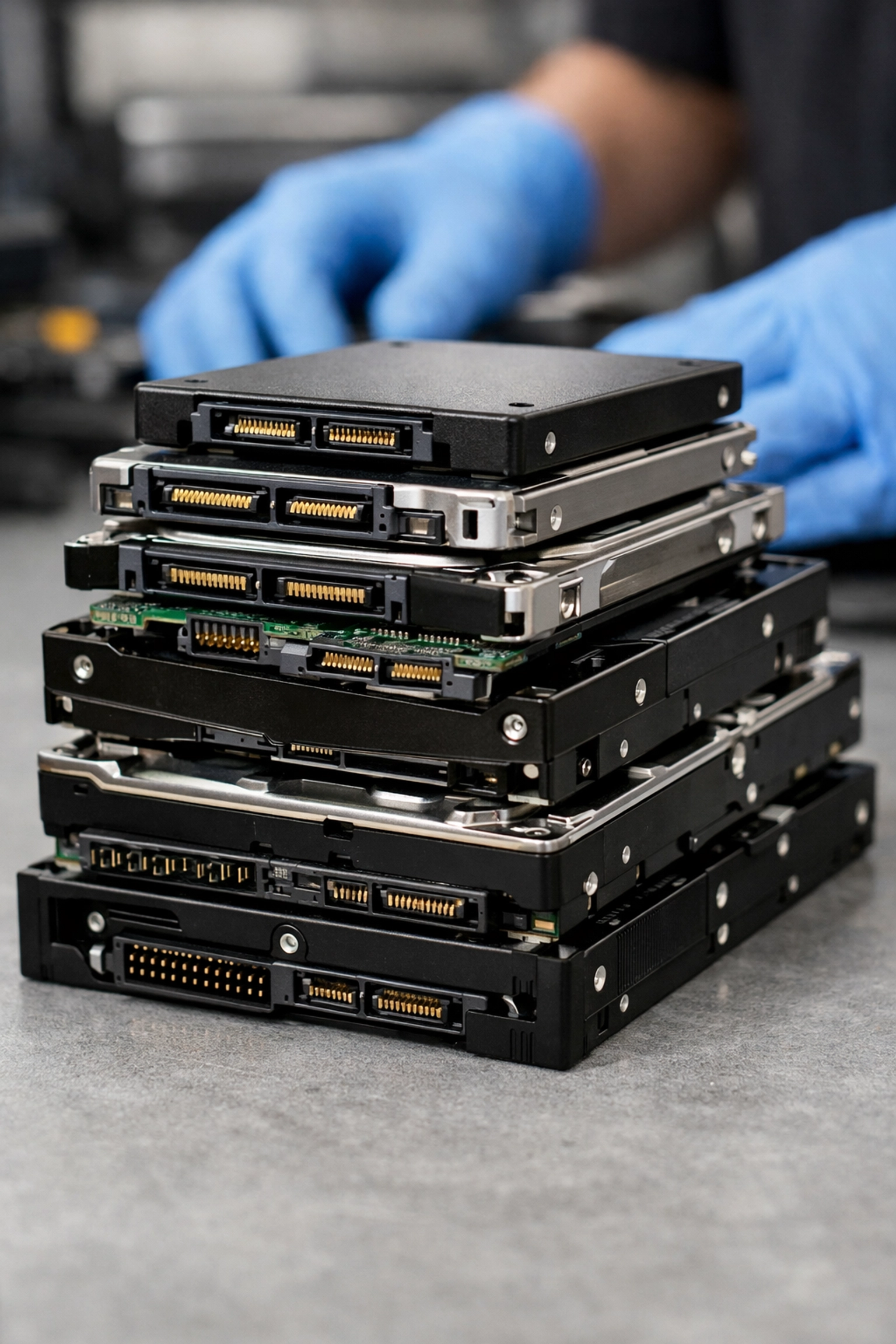 Secure hard drive and SSD data destruction at a professional IT recycling facility.