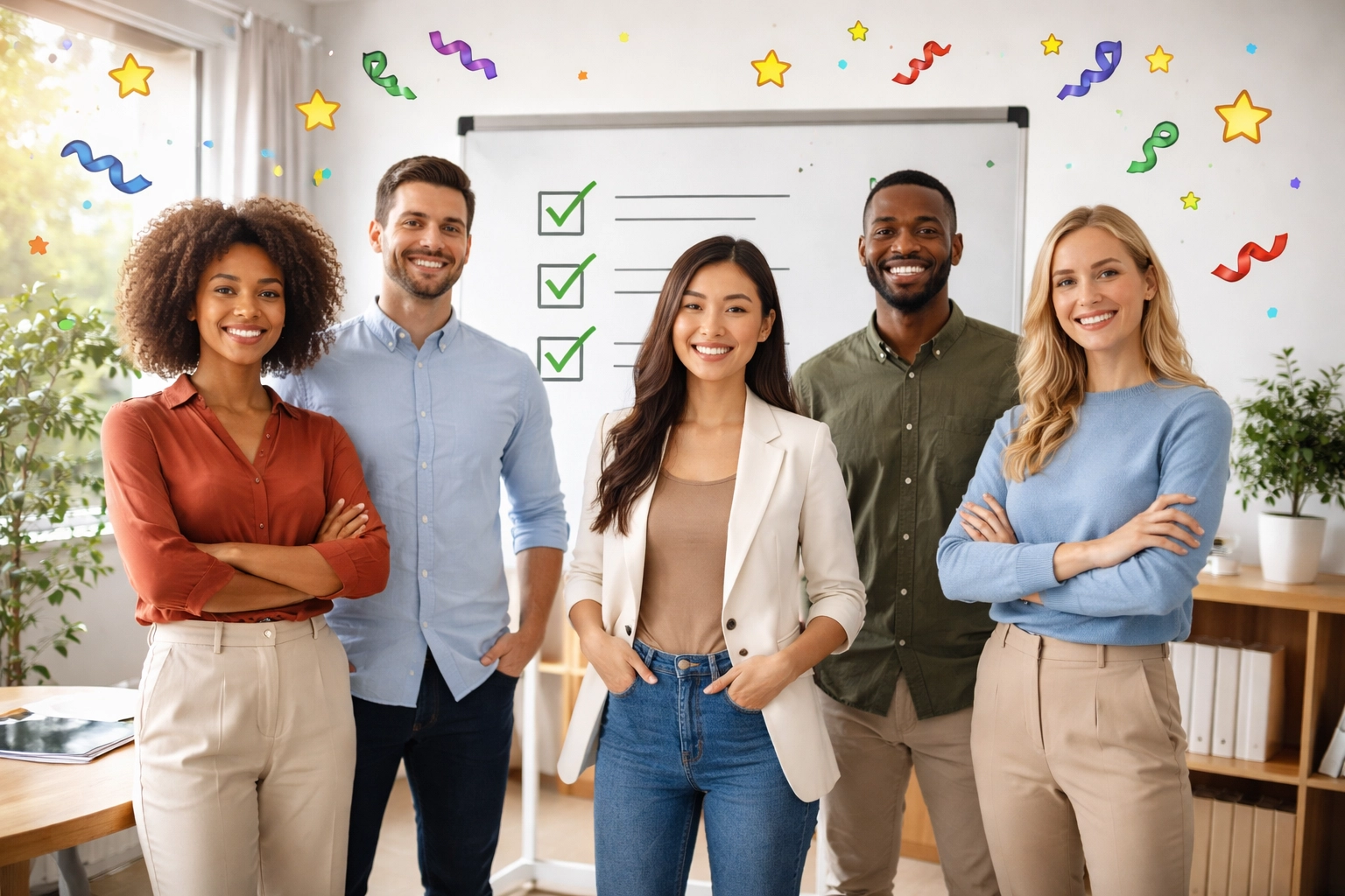 Diverse small business team confident after ISO audit, celebrating success in a bright meeting room with a checklist