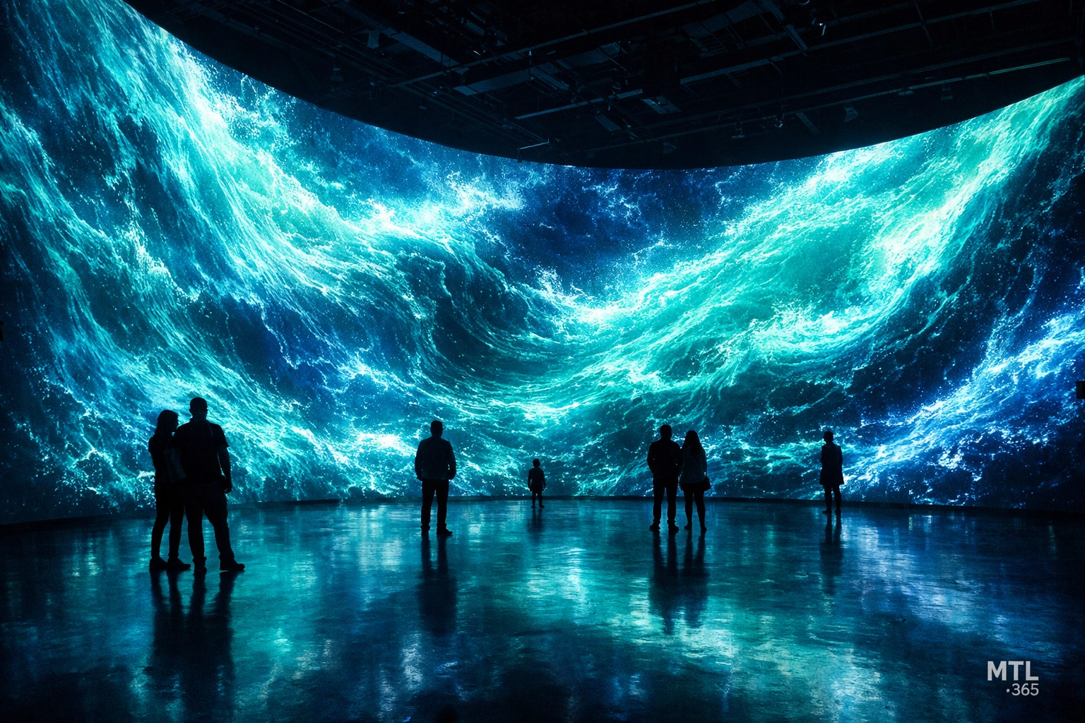 Visitors experiencing the Eaux Vives immersive digital art exhibition at the Port of Montreal.
