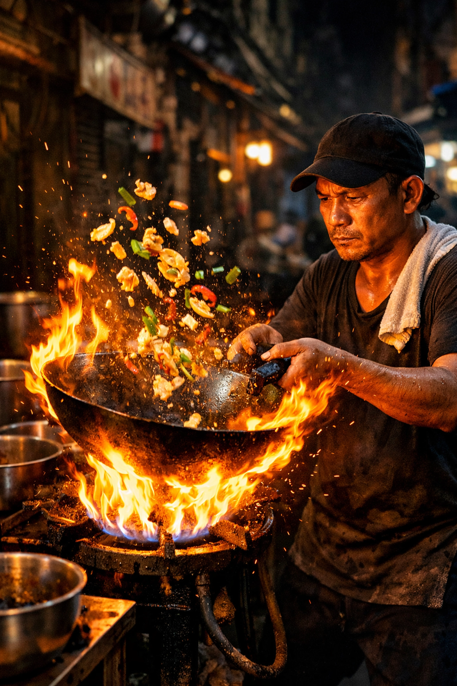 A Bangkok street food vendor cooking with a flaming wok in a local night market.