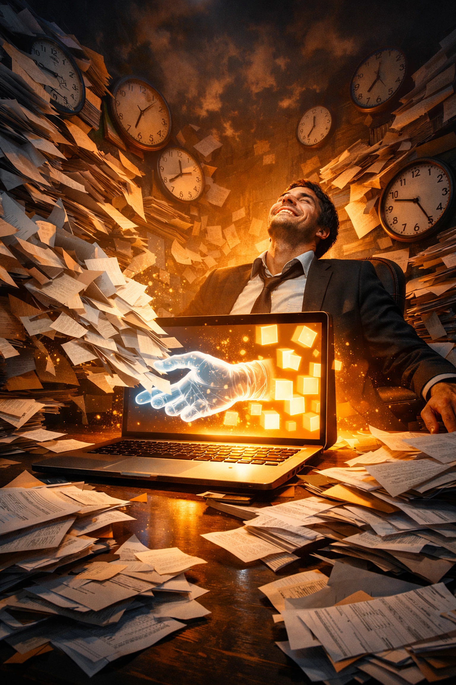 Professional employee using AI to automate tasks and organize messy paperwork after effective corporate AI training.