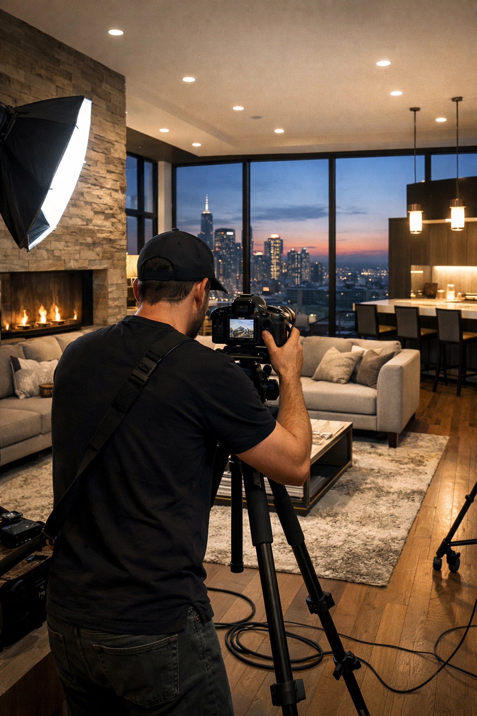 Professional real estate photographer on location at a luxury apartment shoot with a city view.