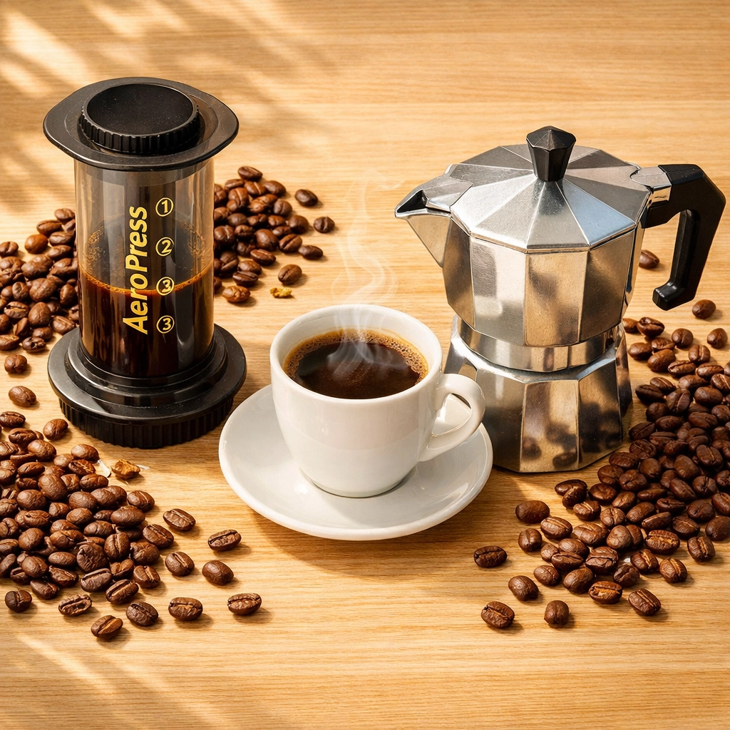 AeroPress and Moka Pot side by side with fresh coffee beans on wooden table