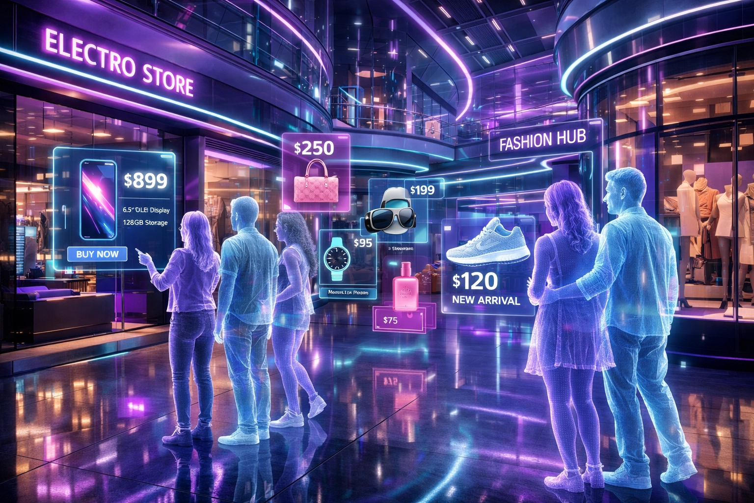 Futuristic virtual shopping mall with avatars browsing holographic product displays in metaverse storefront