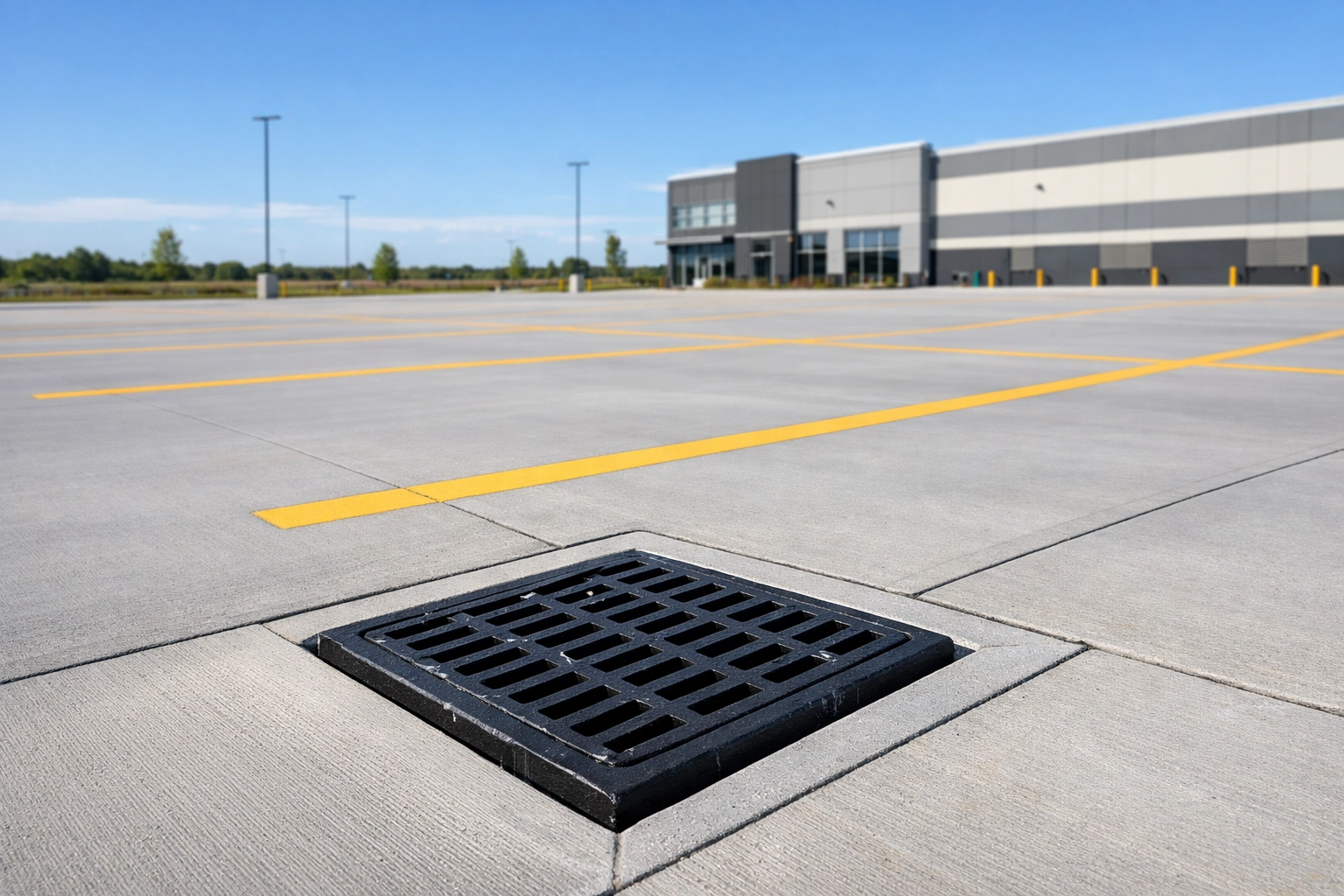New commercial parking lot paving featuring a professionally installed drainage catch basin system.