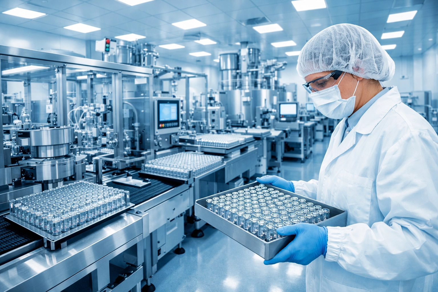 Scientist inspecting vials in a sterile USA pharmaceutical laboratory focusing on domestic peptide manufacturing.