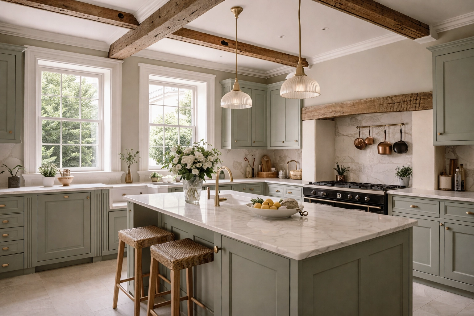 Refreshed kitchen in a Georgian home with sage green spray-painted cabinets and heritage features